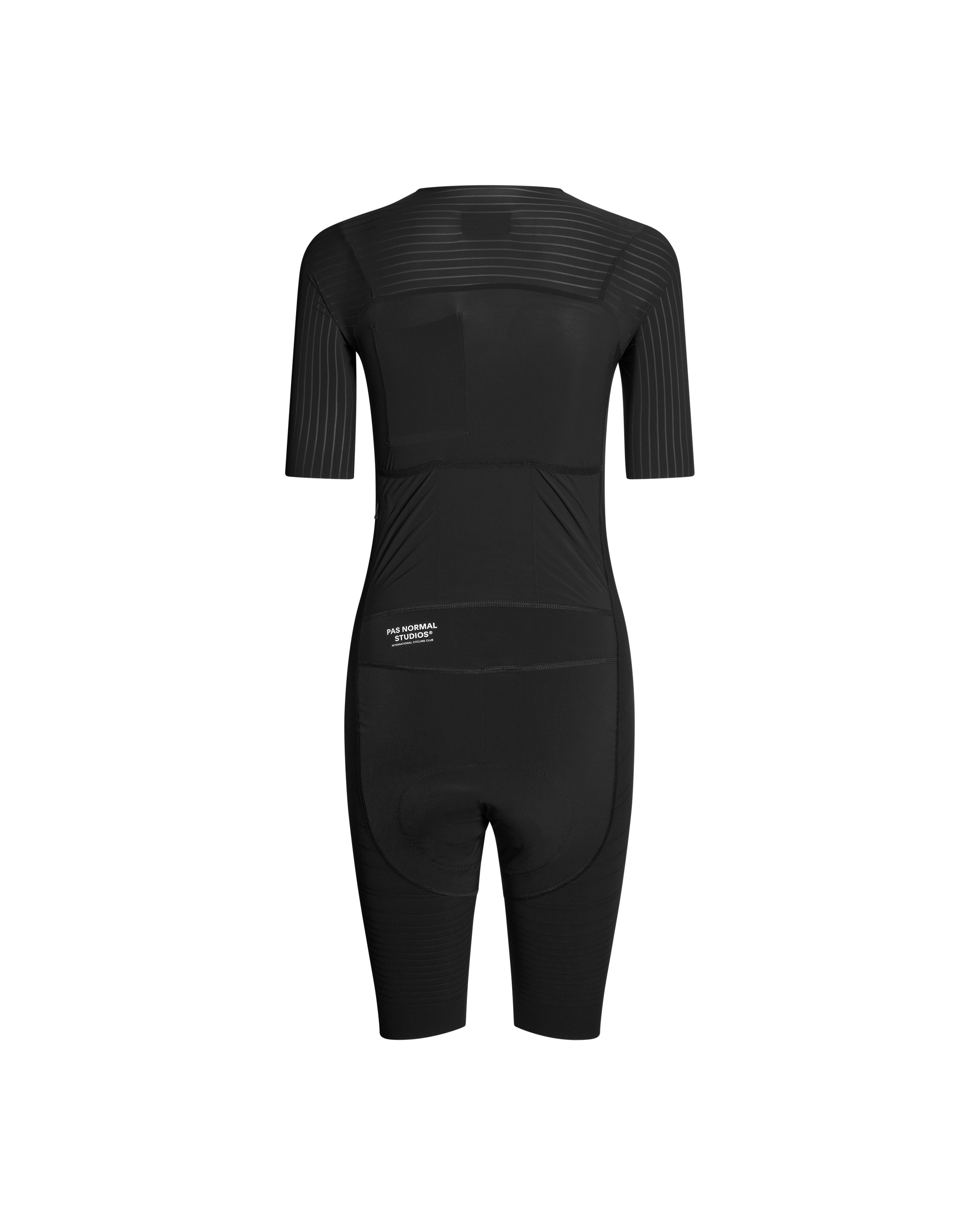 Black Mechanism Pro cycling speedsuit, rear view with ribbed shoulder panels and contrast stitching