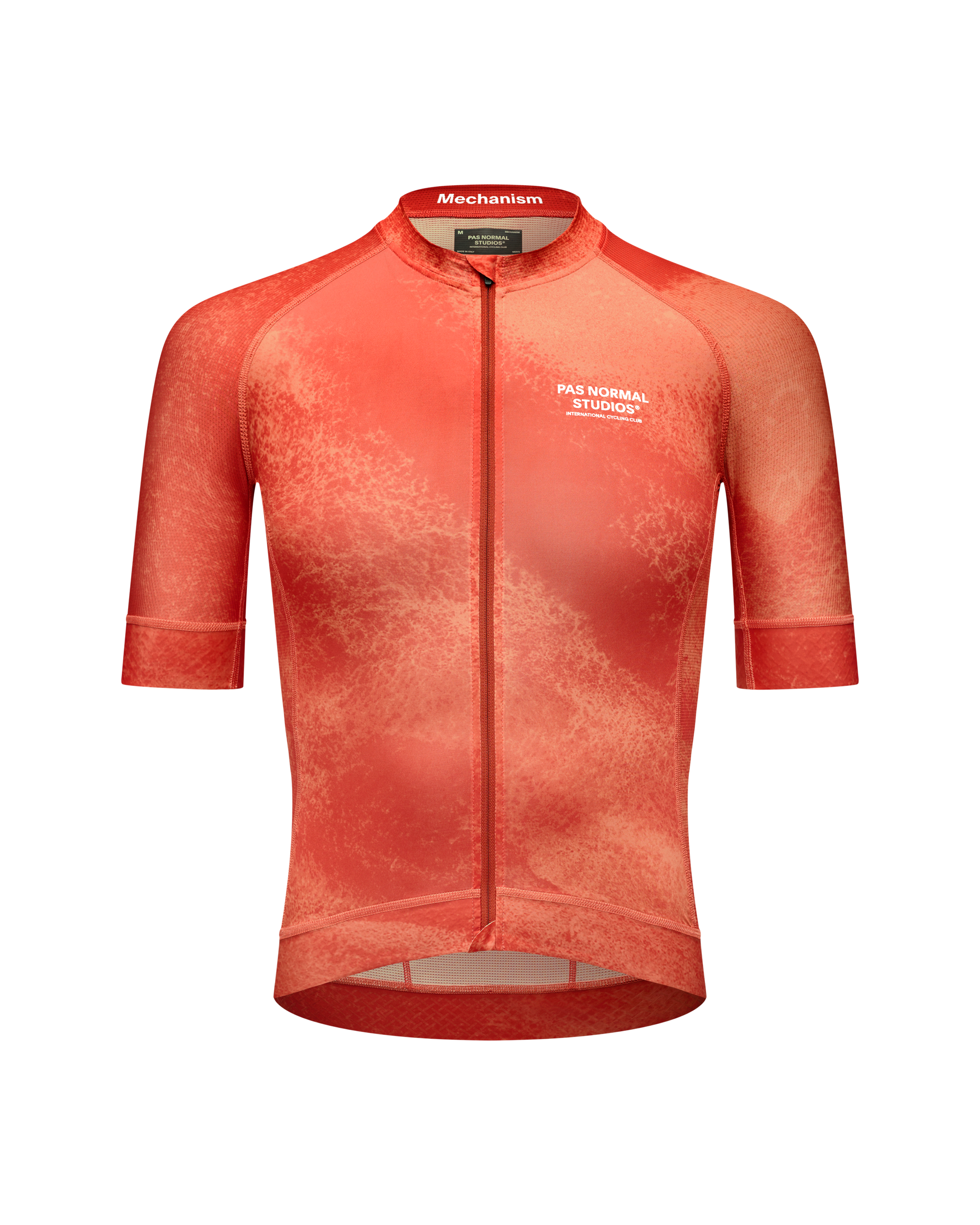 Orange Mechanism cycling jersey front view with speckled gradient pattern
