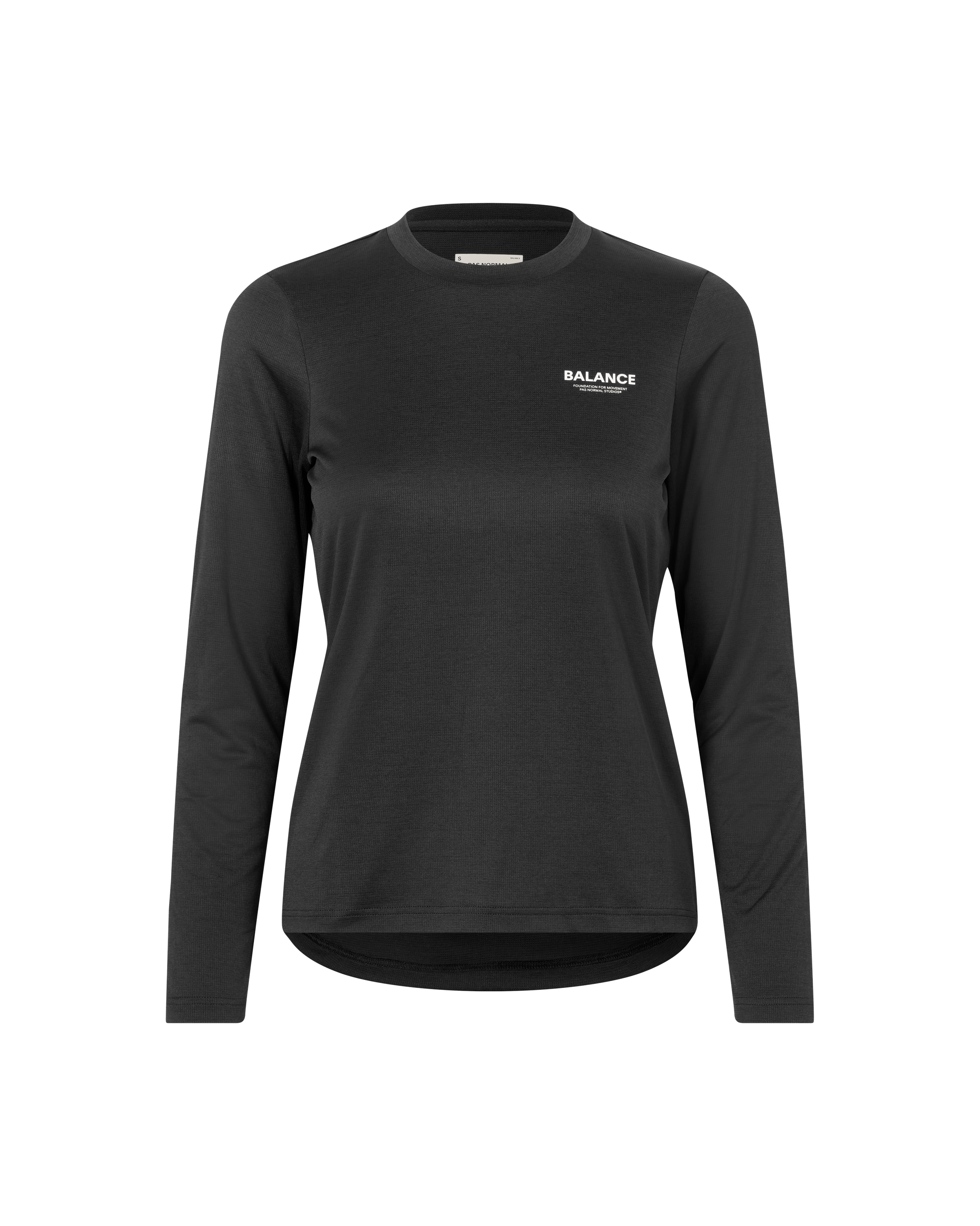 Black Balance long sleeve t-shirt, front view with white chest logo
