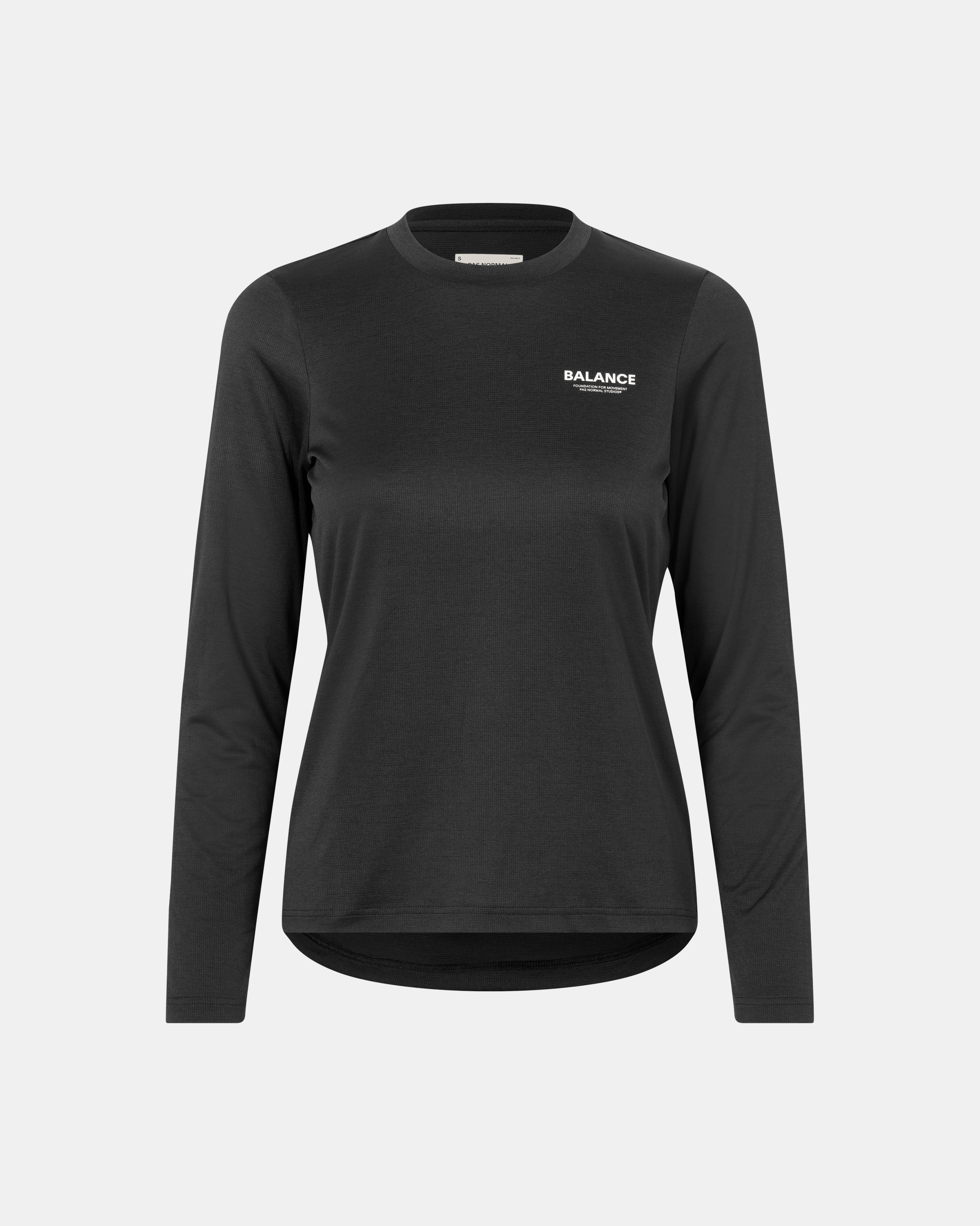 Black Balance long sleeve t-shirt, front view with white chest logo