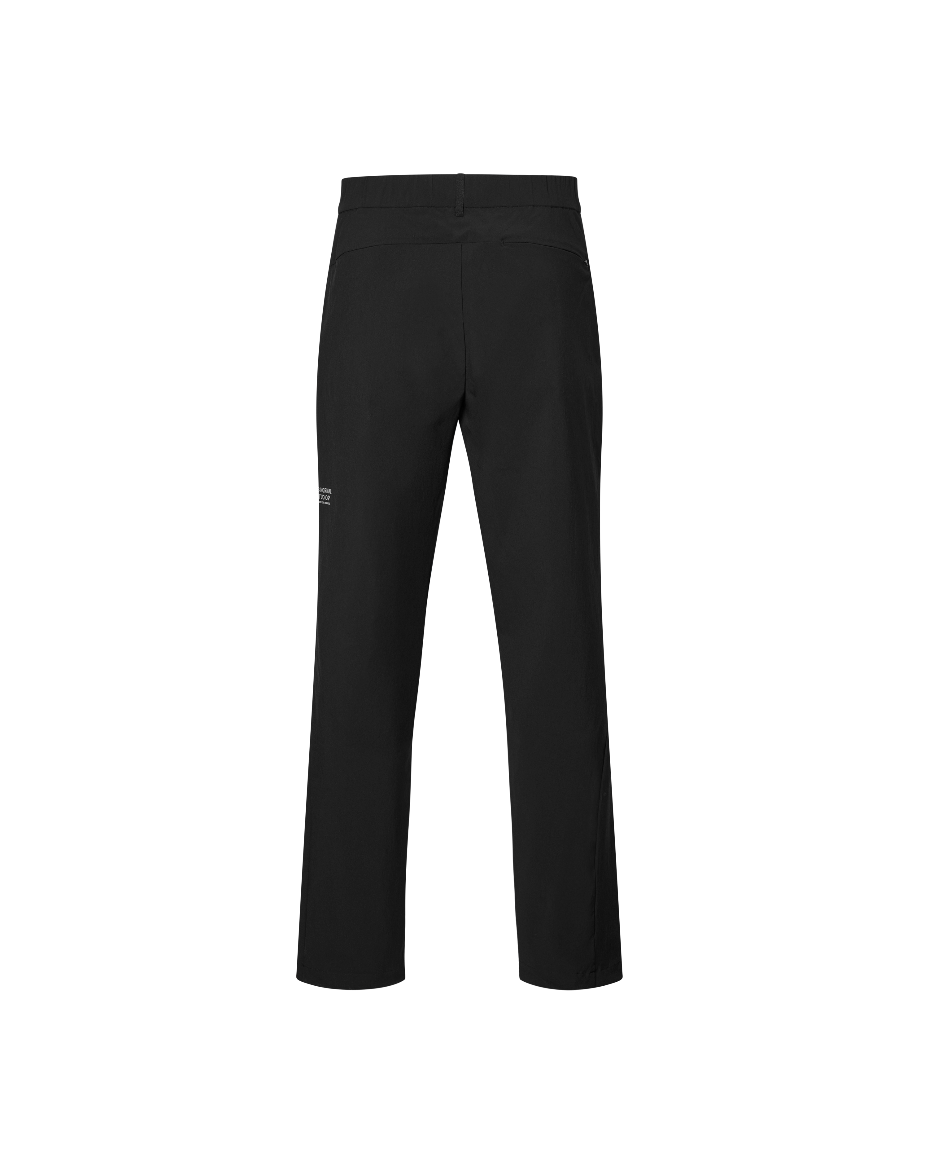 Black Off-Race Tech pants, rear flat lay with elastic waistband