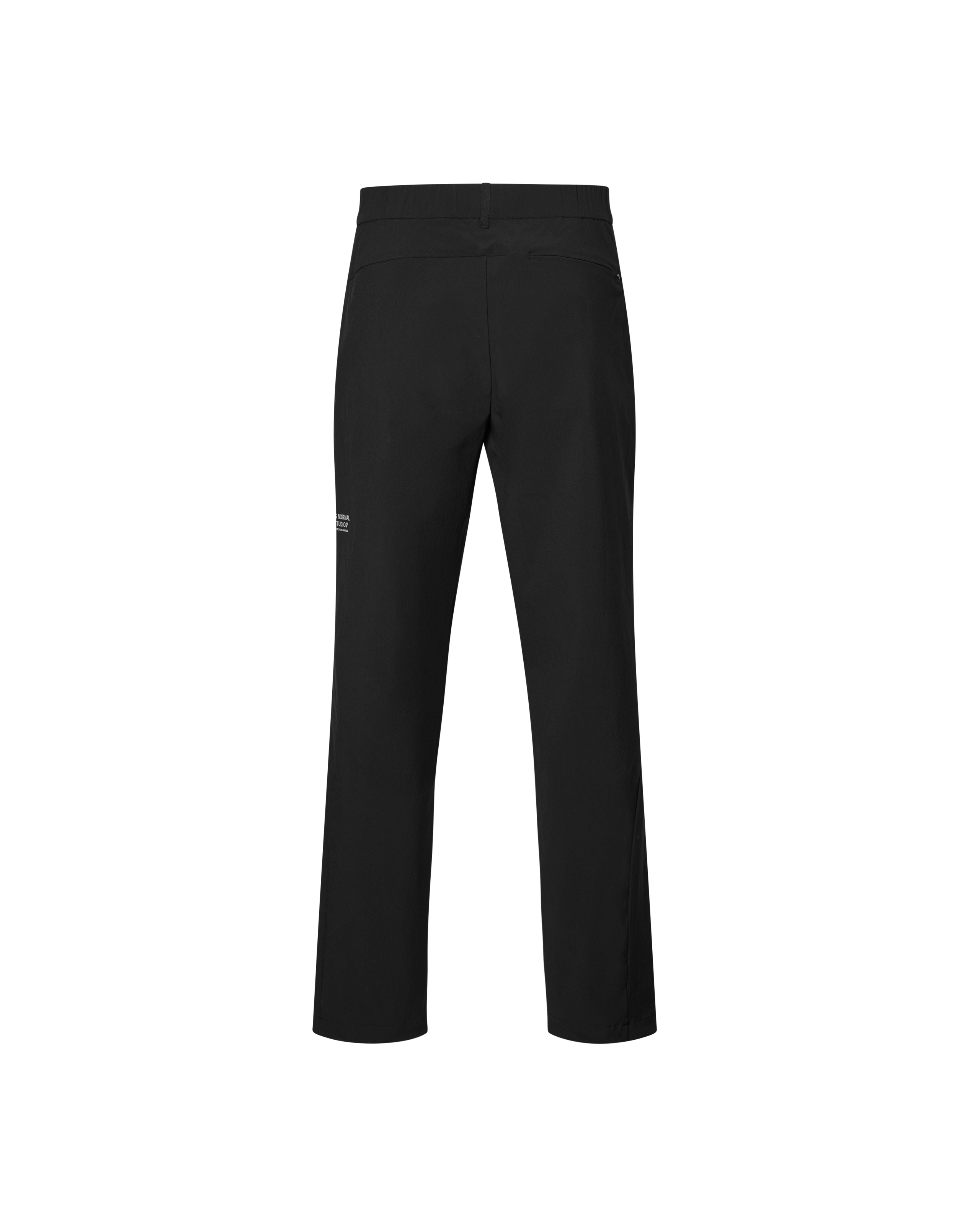 Black Off-Race Tech pants, rear flat lay with elastic waistband
