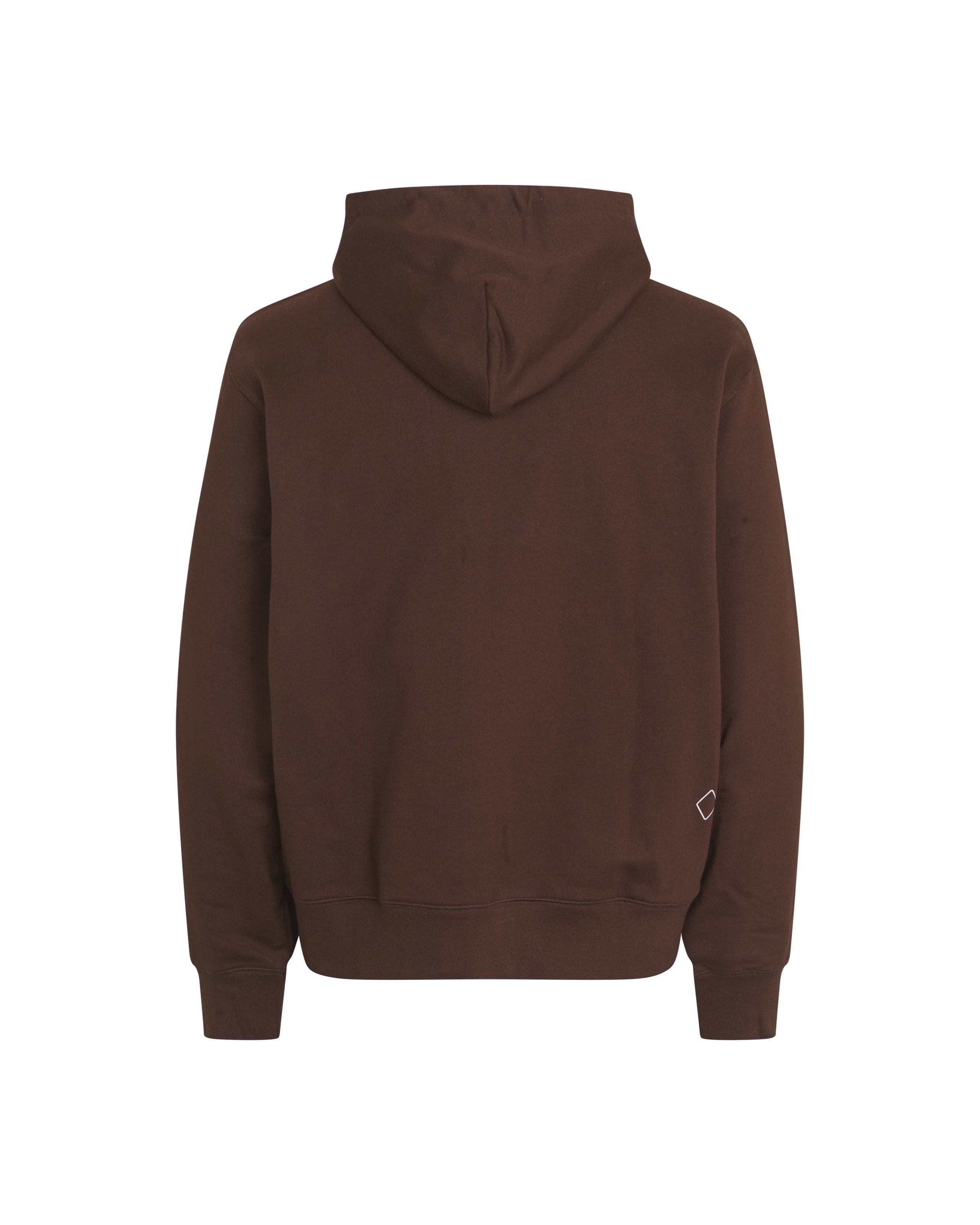 Brown Off-Race hoodie, rear view with ribbed cuffs and hem