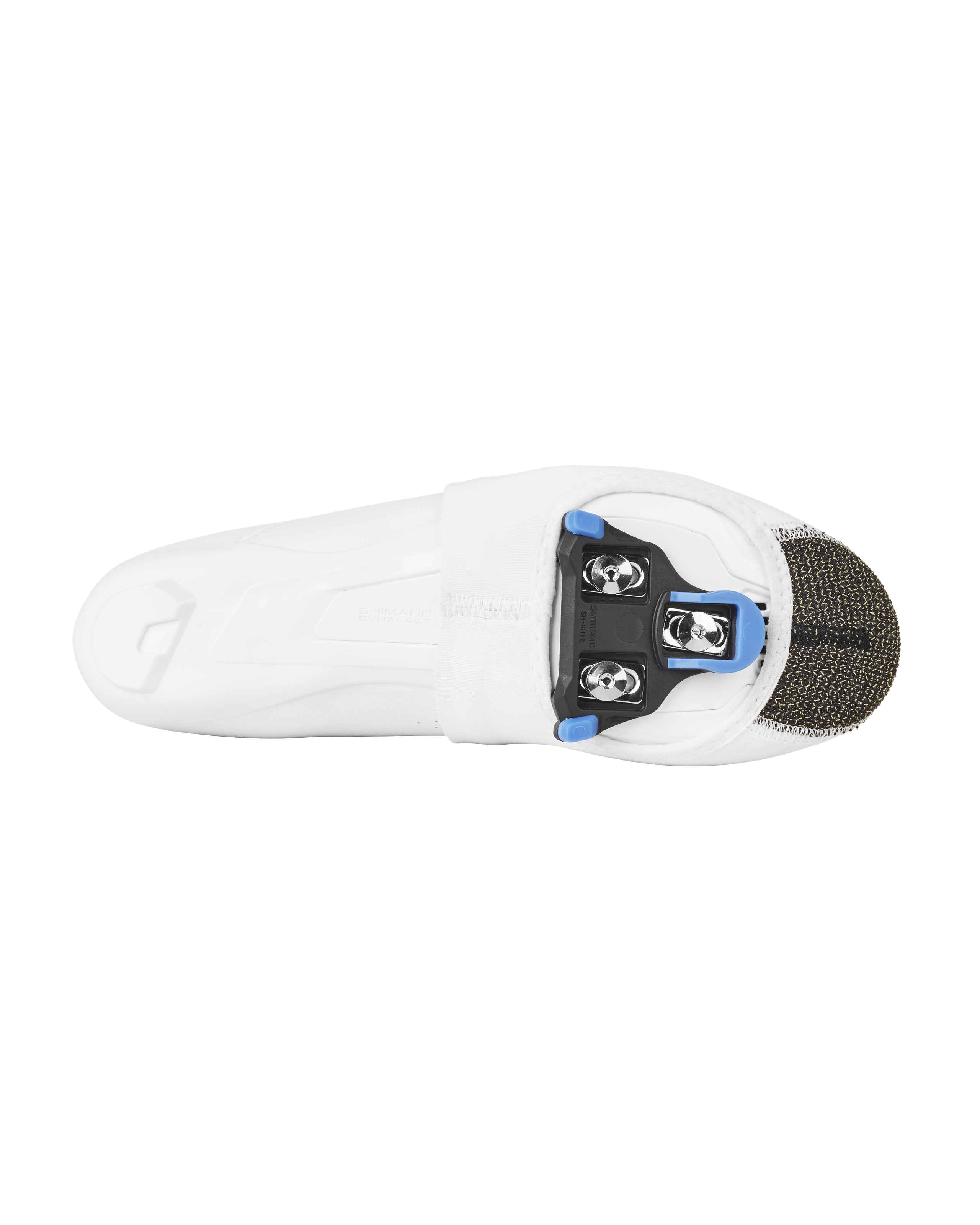 White Logo toe cover, flat lay showing black and blue cleat compatibility plate