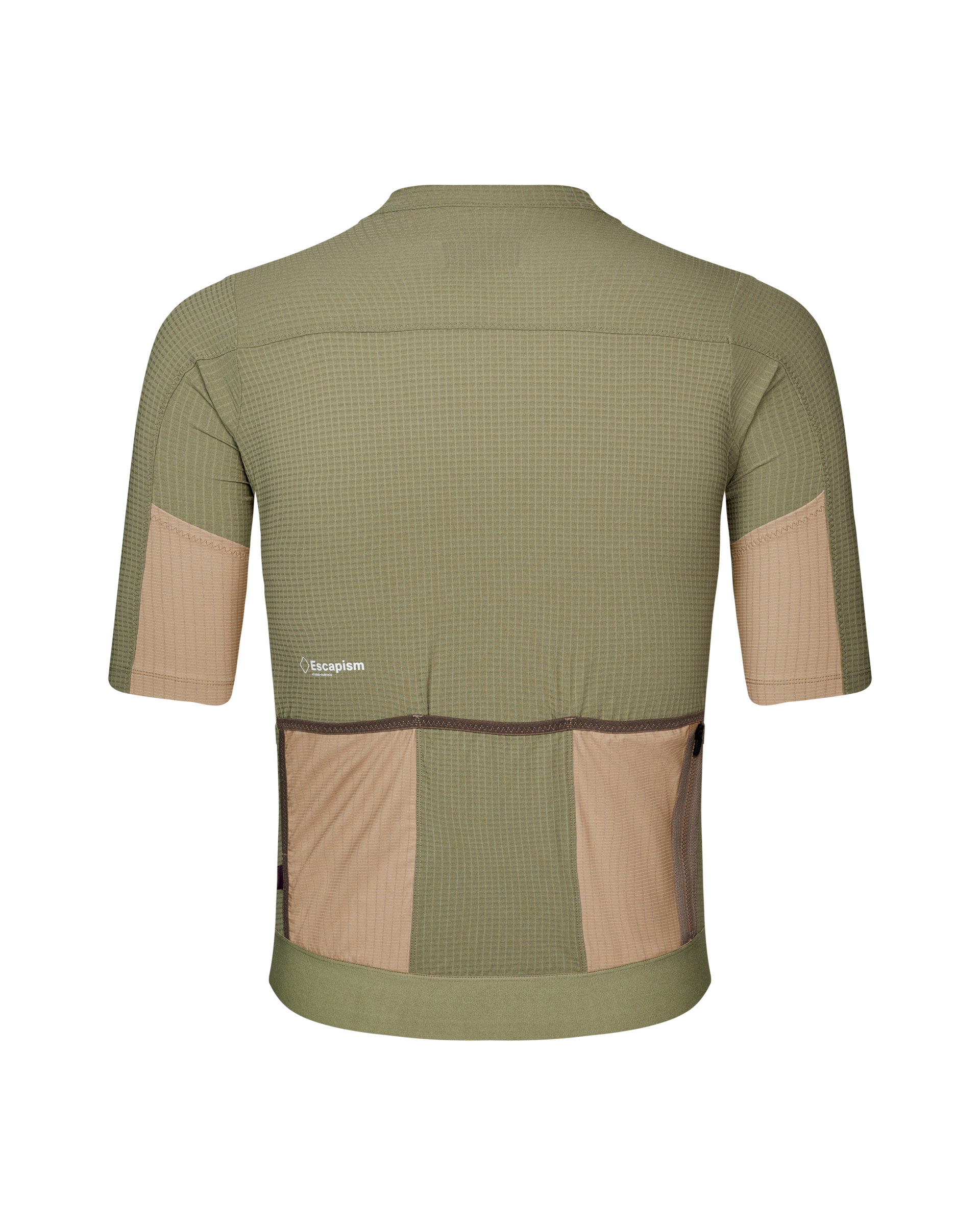Light Olive Escapism cycling jersey, rear view with tan colorblock panels and three rear pockets