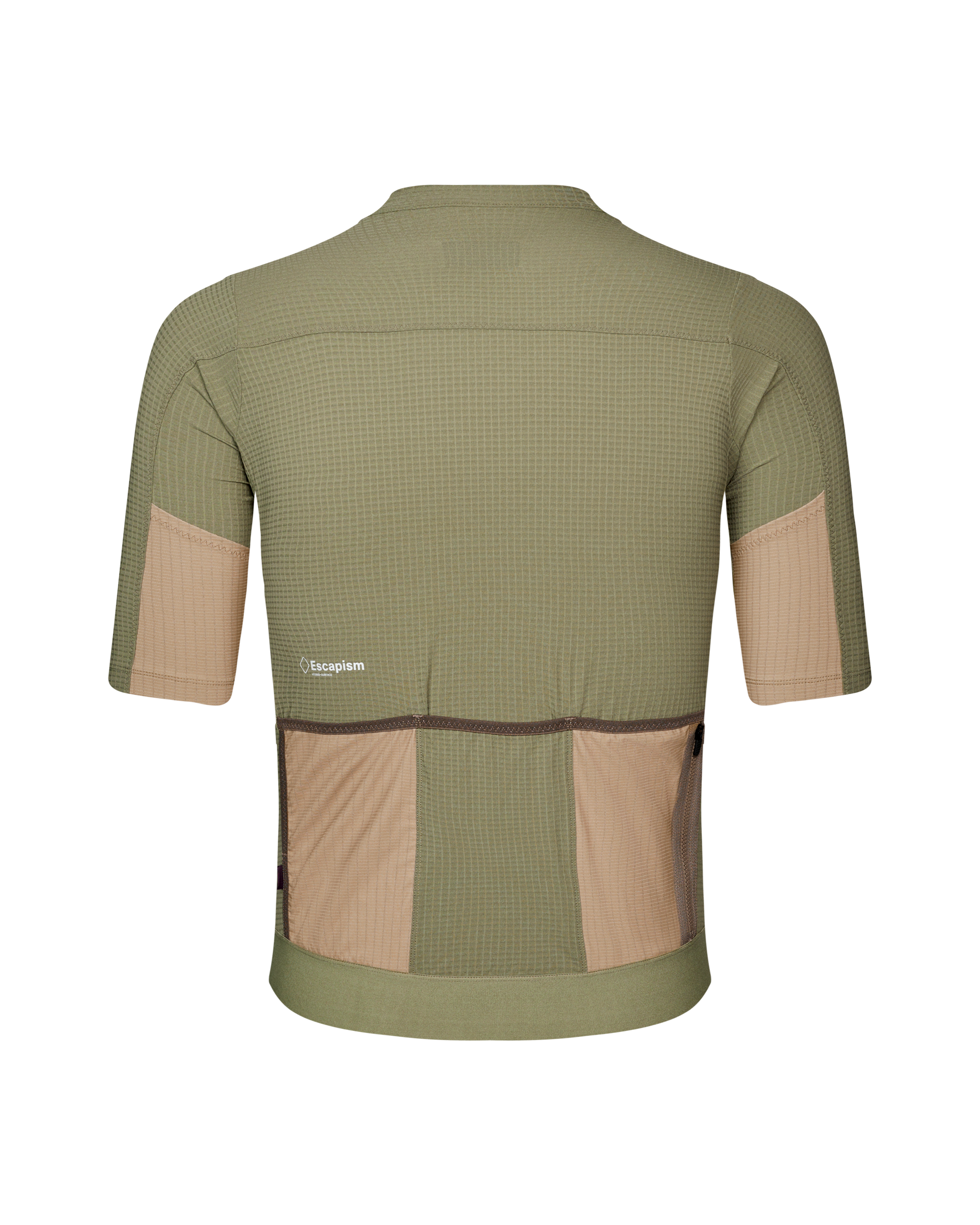 Light Olive Escapism cycling jersey, rear view with tan colorblock panels and three rear pockets