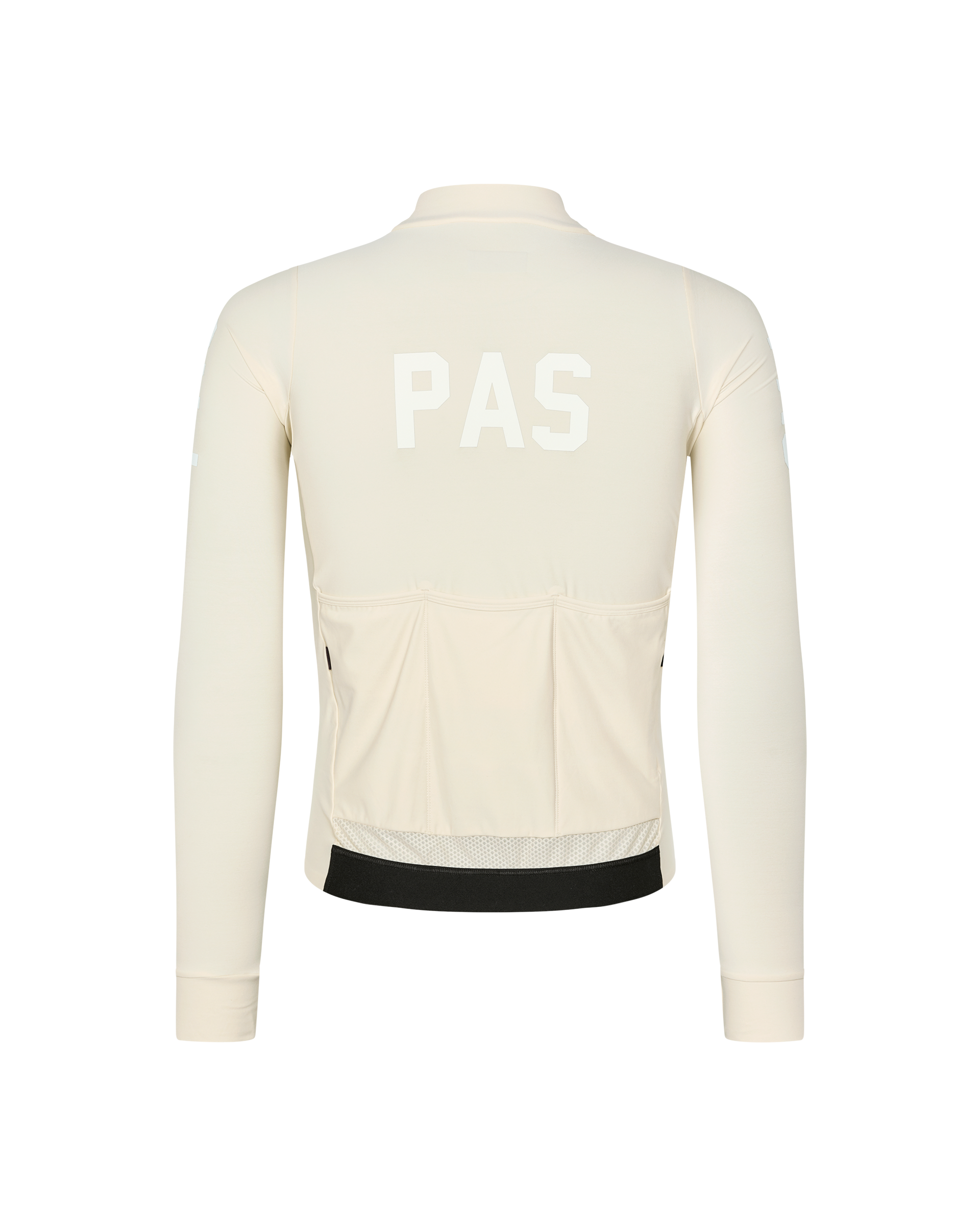 Sand PAS Mechanism long sleeve cycling jersey, rear flat lay with white PAS back print and black hem band