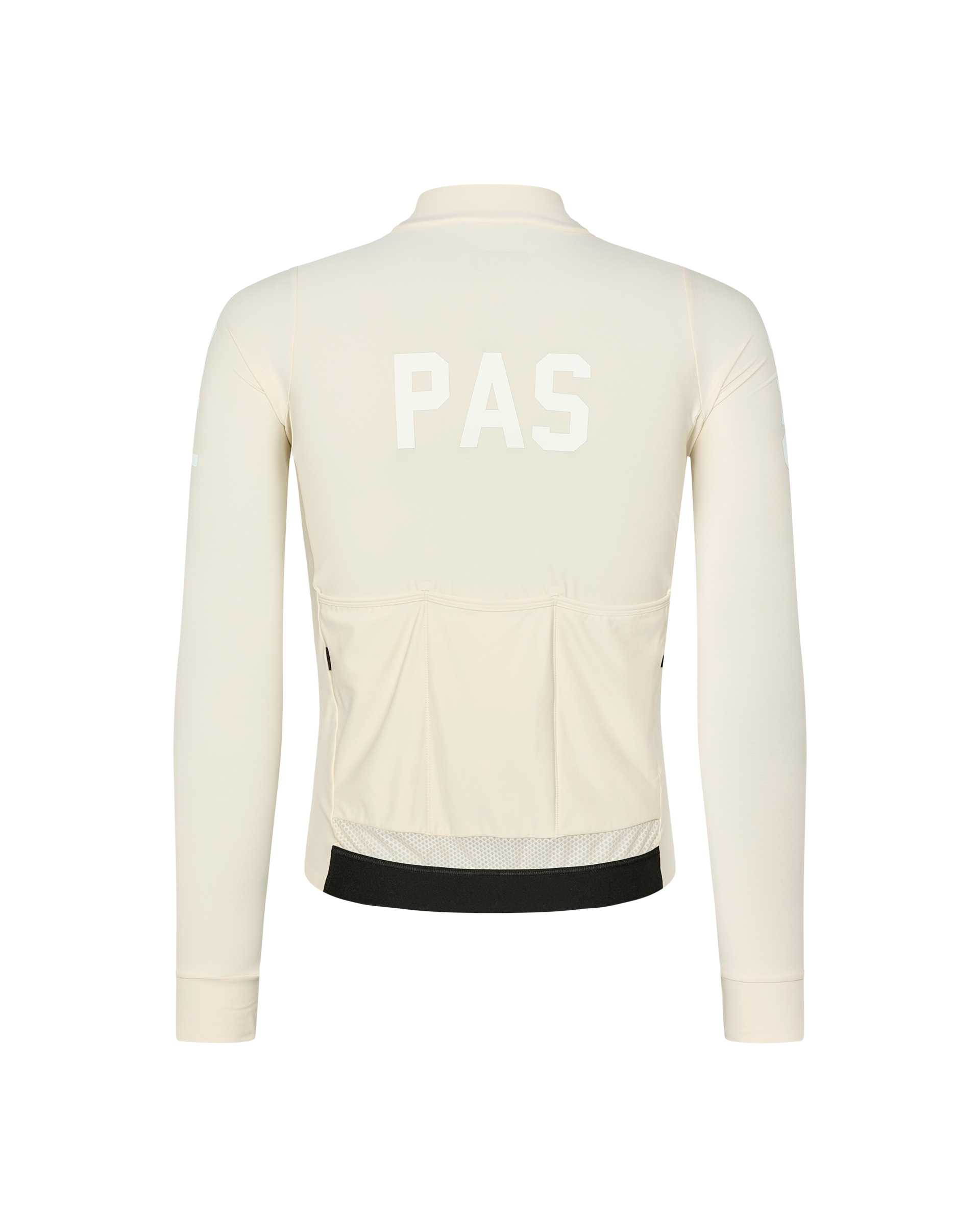 Sand PAS Mechanism long sleeve cycling jersey, rear flat lay with white PAS back print and black hem band