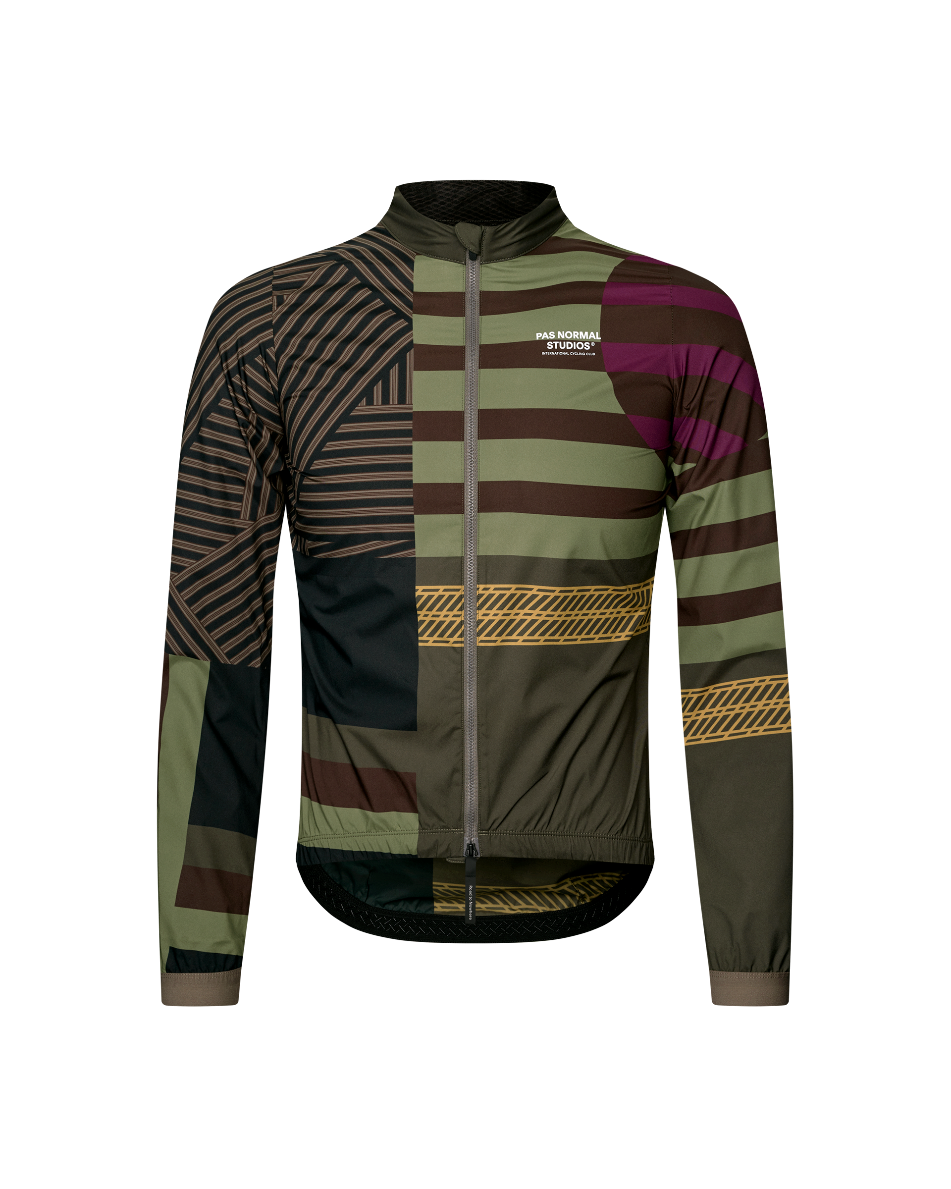 International Green Mechanism Stow Away cycling jacket, front flat lay with multicolor geometric print and full zip