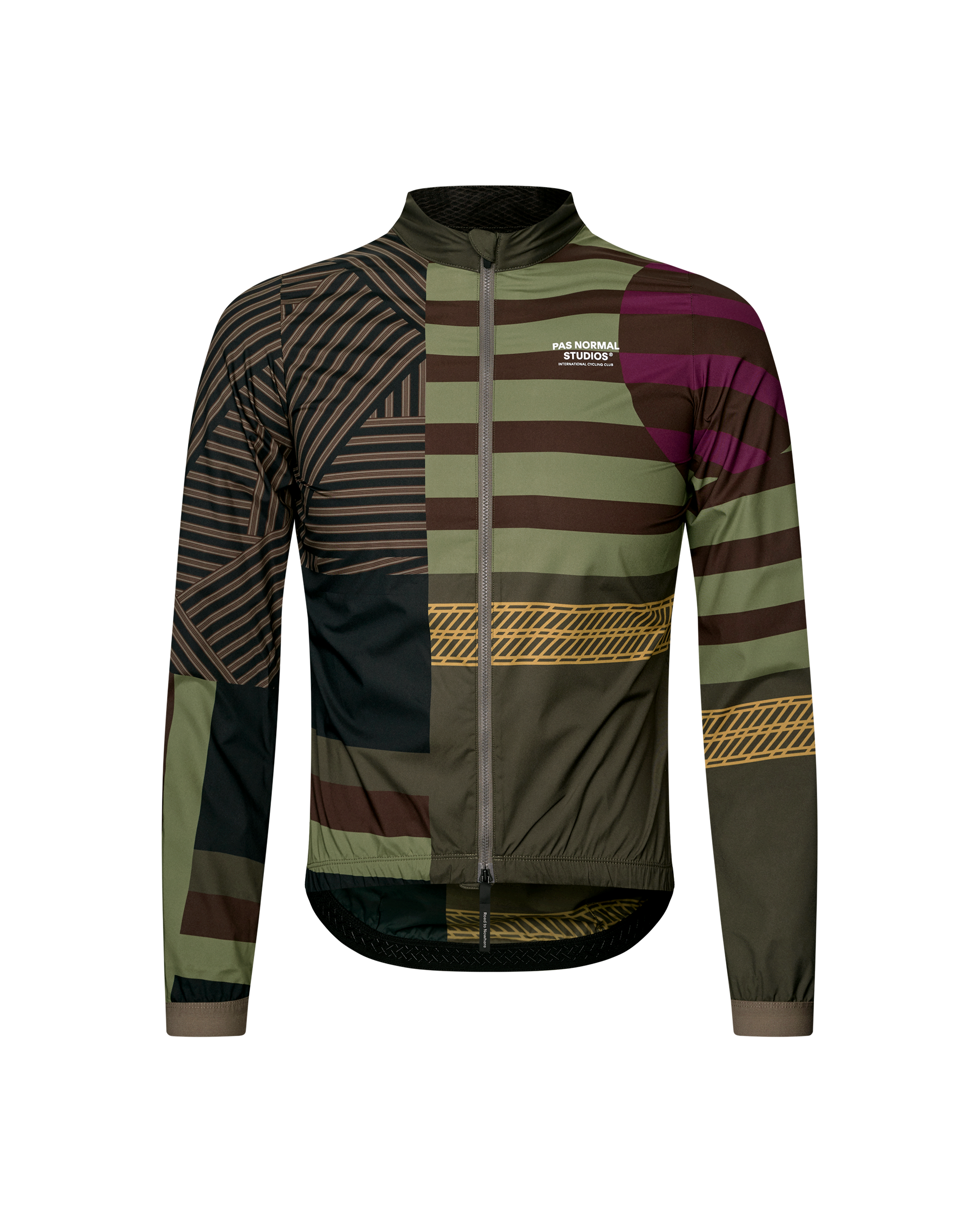 International Green Mechanism Stow Away cycling jacket, front flat lay with multicolor geometric print and full zip