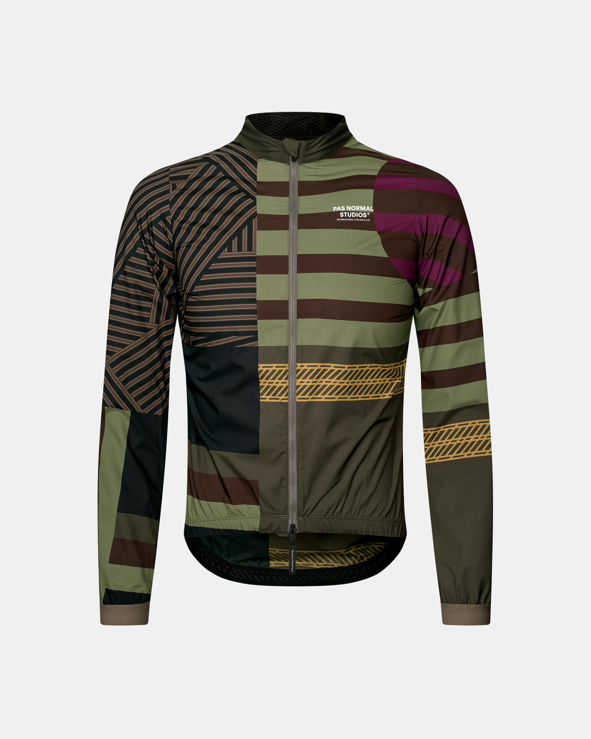 International Green Mechanism Stow Away cycling jacket, front flat lay with multicolor geometric print and full zip