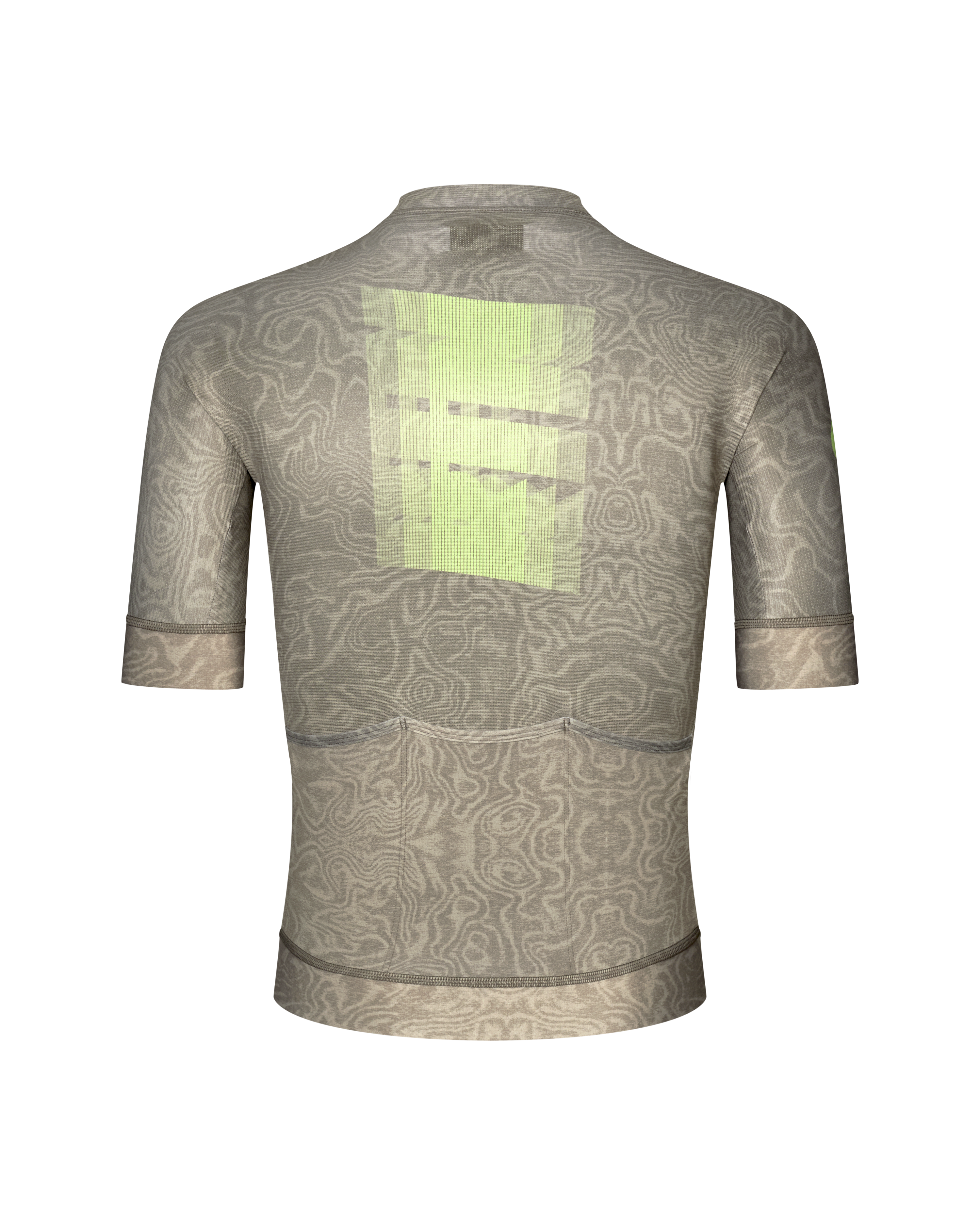 Khaki Green Mechanism cycling jersey, rear flat lay with topographic print and green square back graphic