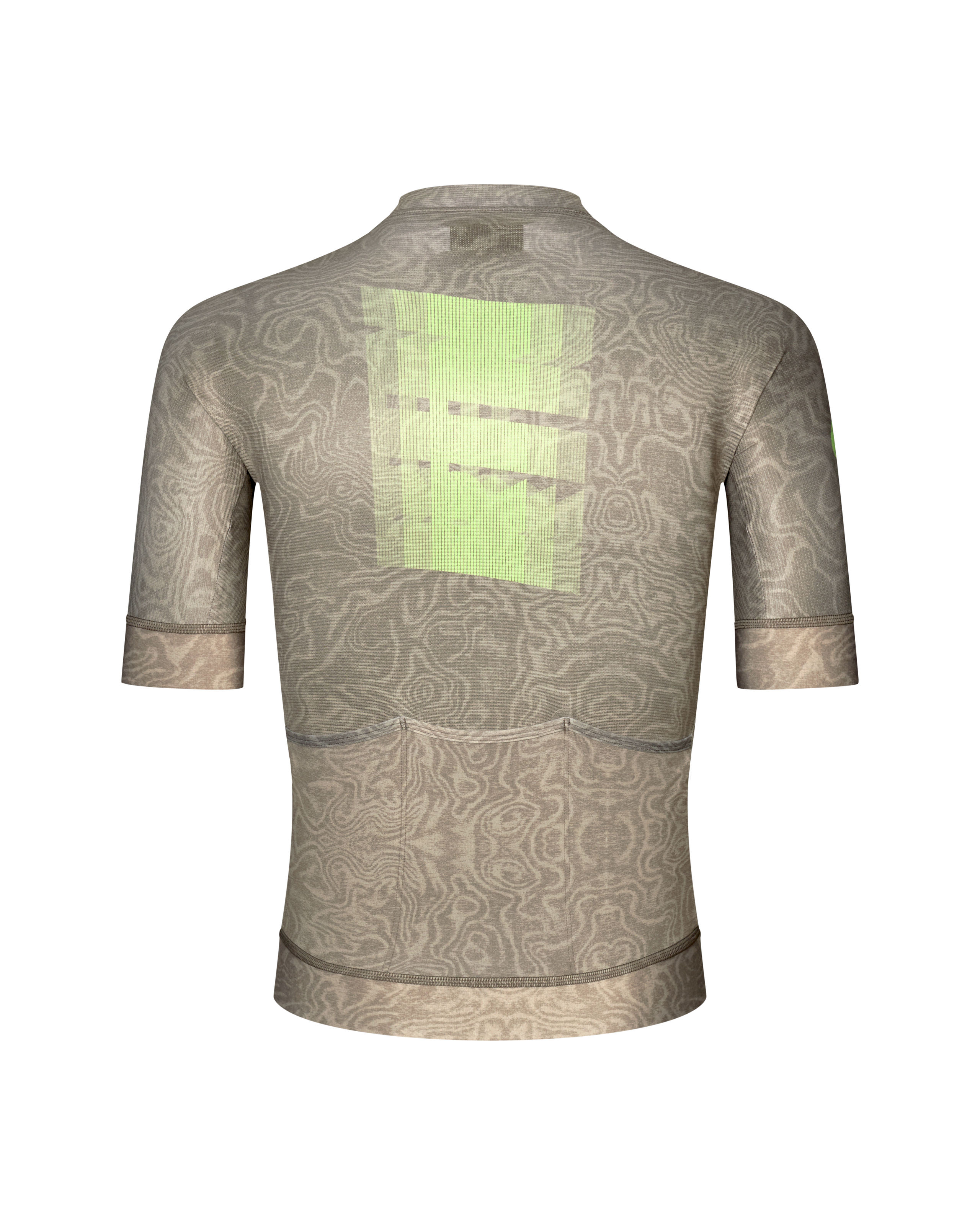 Khaki Green Mechanism cycling jersey, rear flat lay with topographic print and green square back graphic