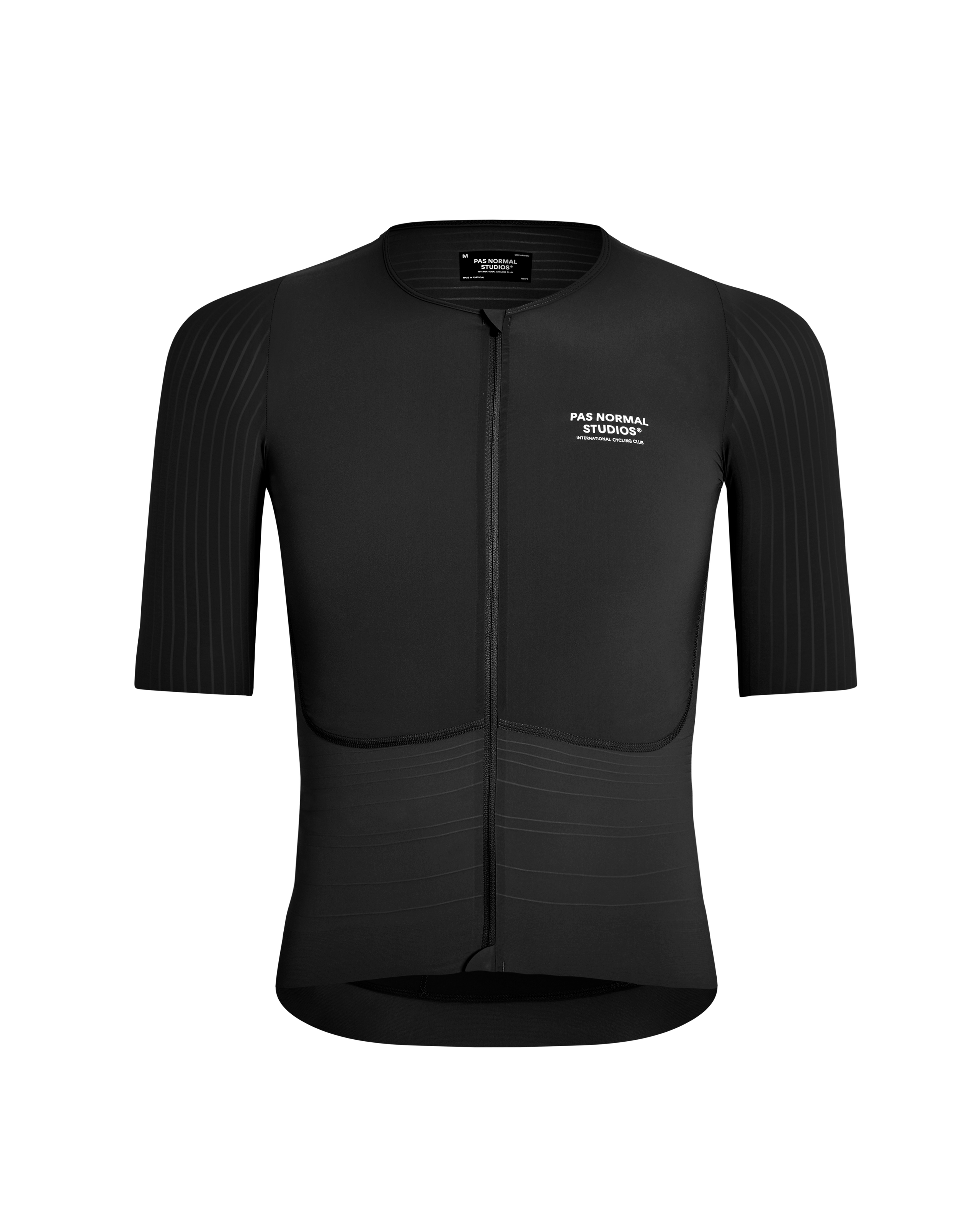 Black Mechanism Pro cycling jersey, front view with ribbed sleeves and textured lower panel