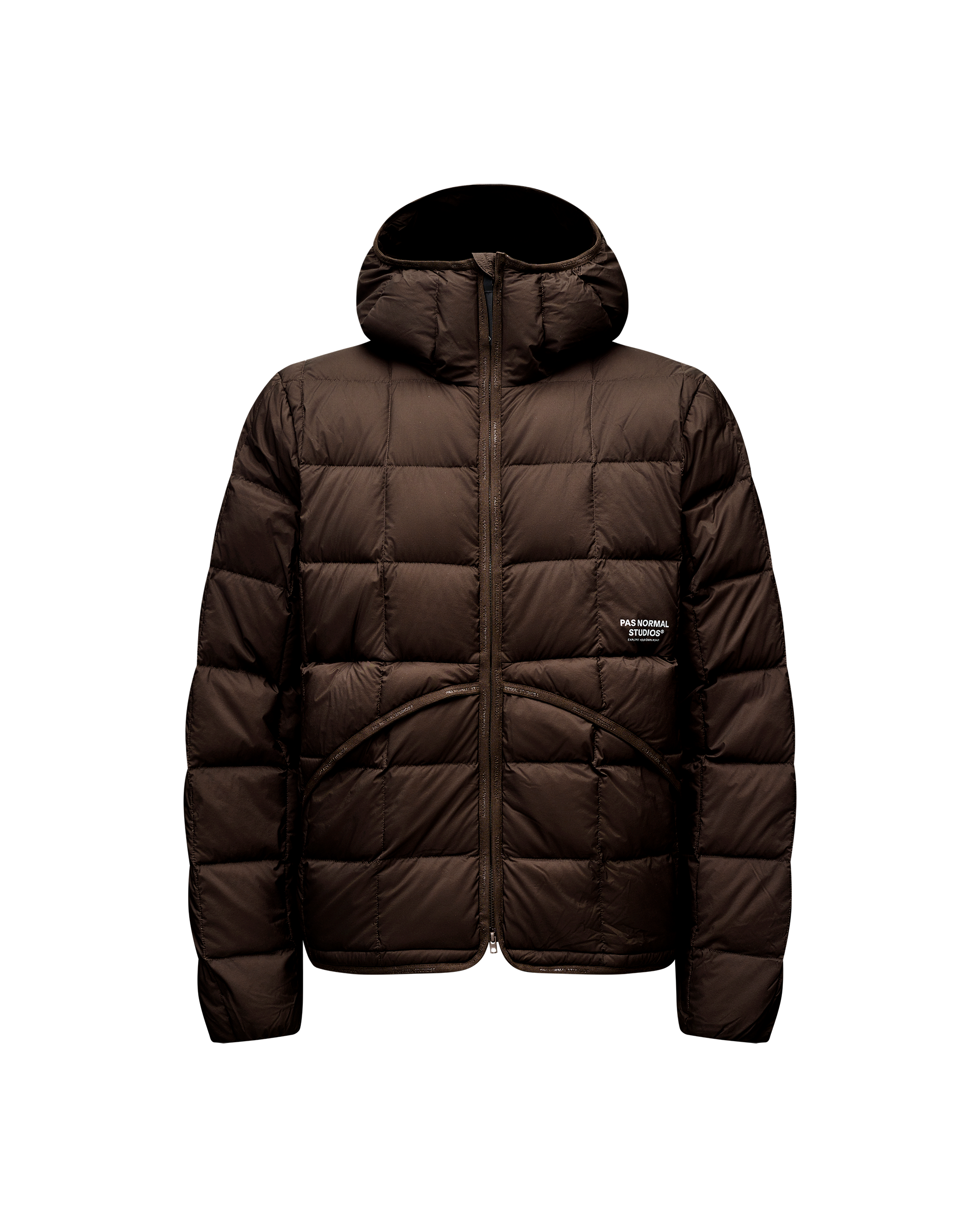 Dark Coffee brown Off-Race Down Liner jacket, front flat lay with full zip, hood, and grid quilting