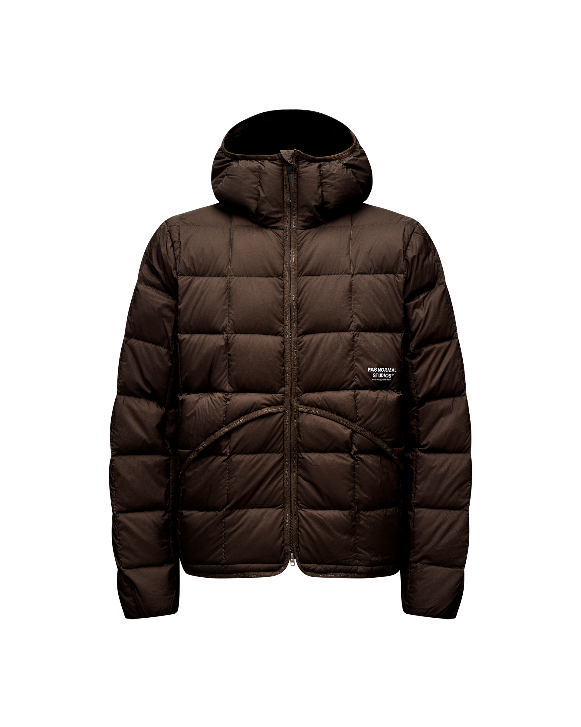 Dark Coffee brown Off-Race Down Liner jacket, front flat lay with full zip, hood, and grid quilting