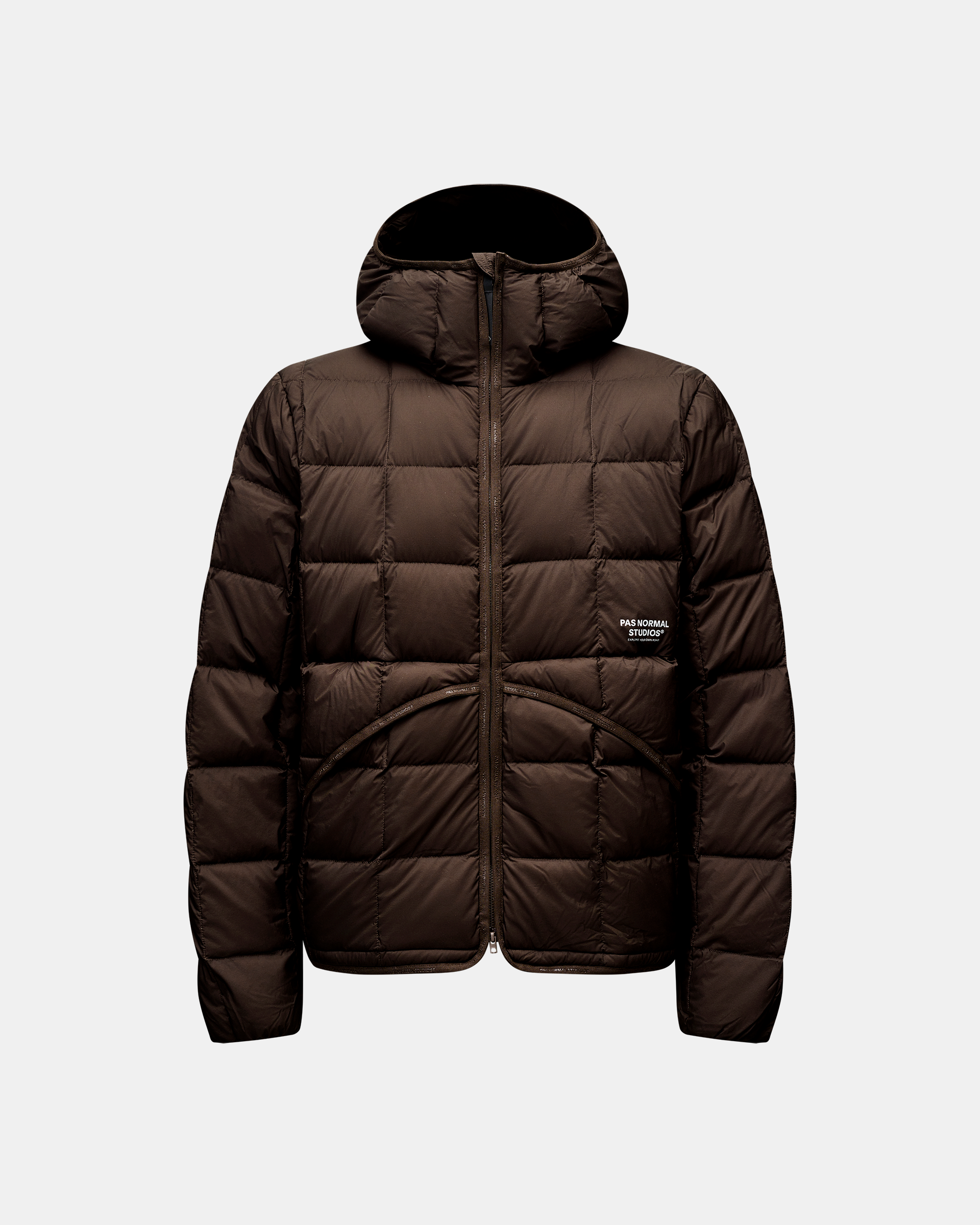 Dark Coffee brown Off-Race Down Liner jacket, front flat lay with full zip, hood, and grid quilting