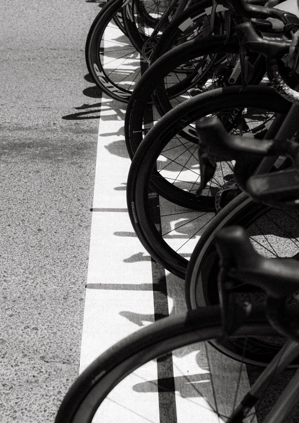Black and white photo of bicycle wheels lined up casting shadows on pavement