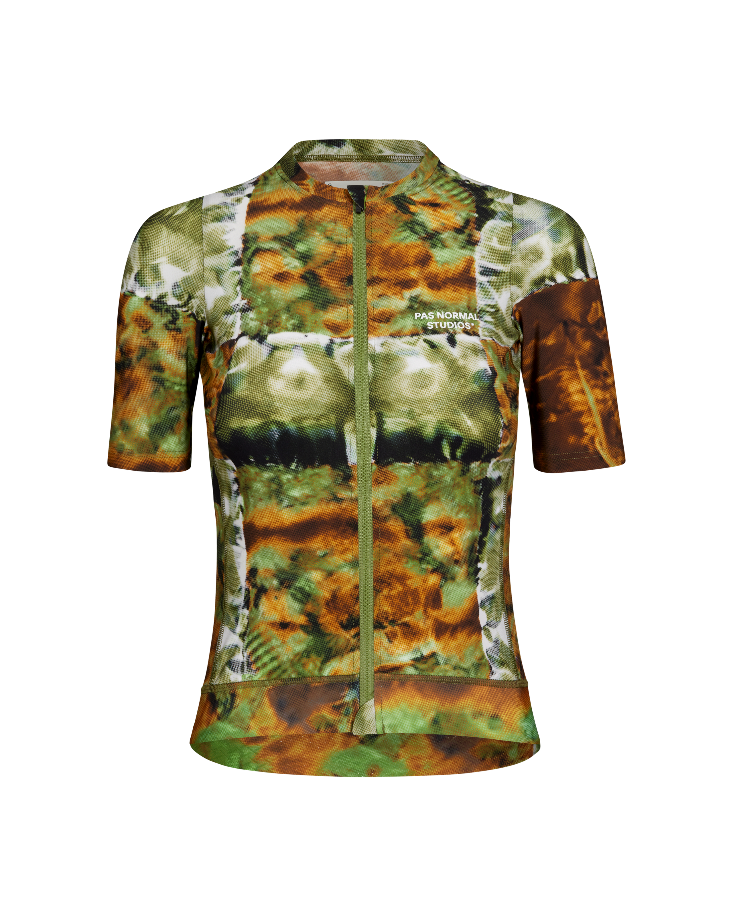 Green Essential cycling jersey, front view with kaleidoscope print and full zip