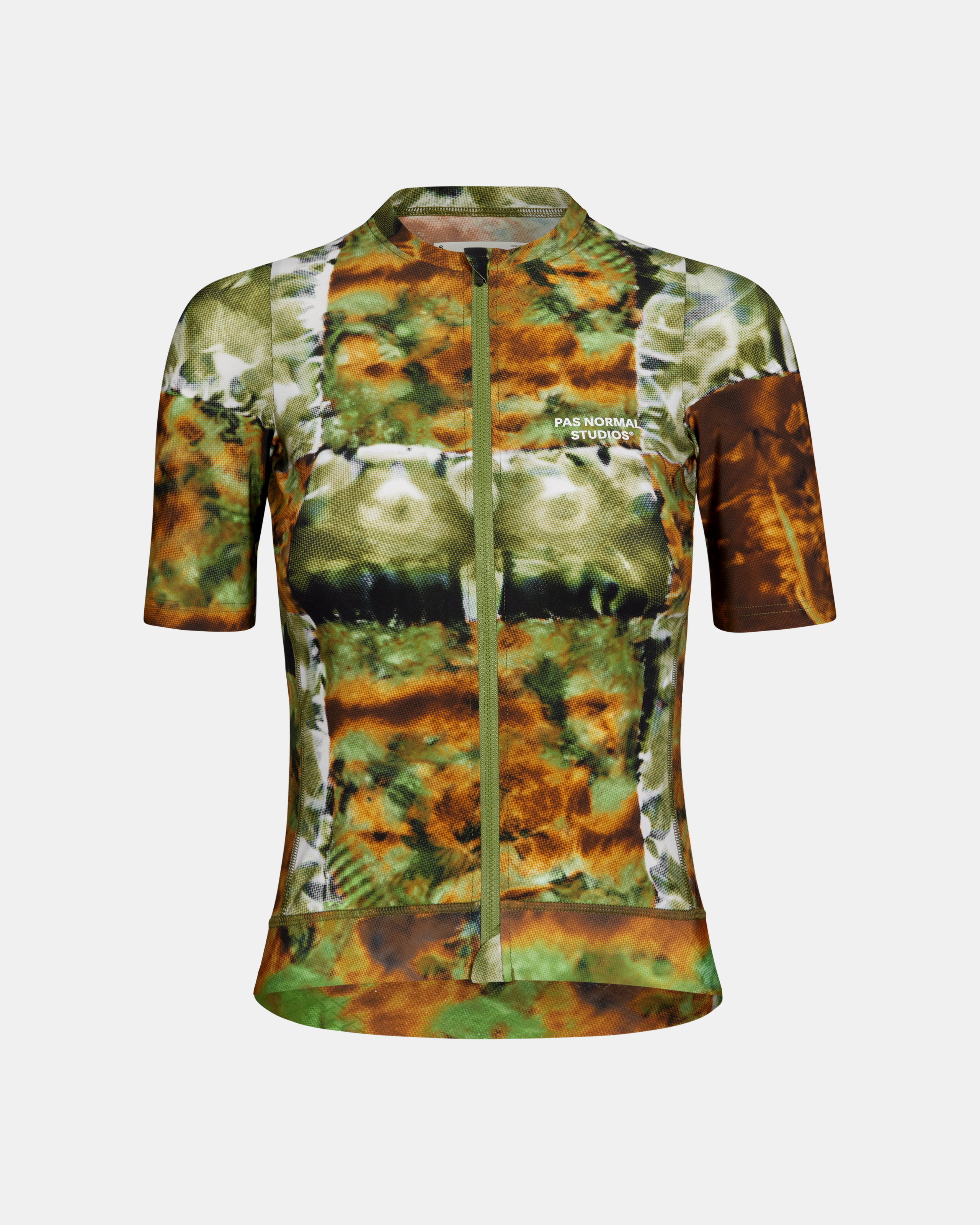 Green Essential cycling jersey, front view with kaleidoscope print and full zip