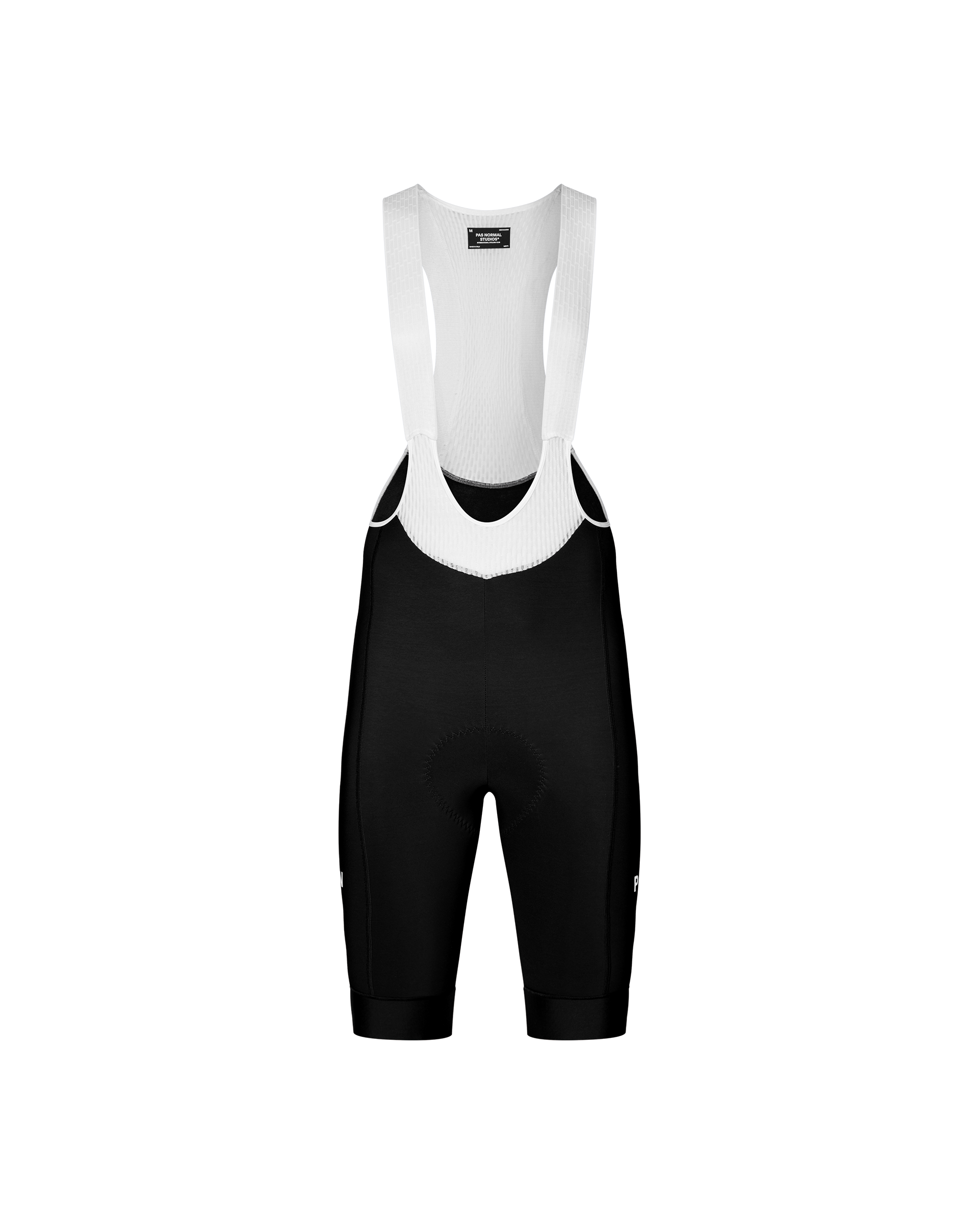 Black Mechanism Thermal cycling bibs, front flat lay with white mesh bib straps
