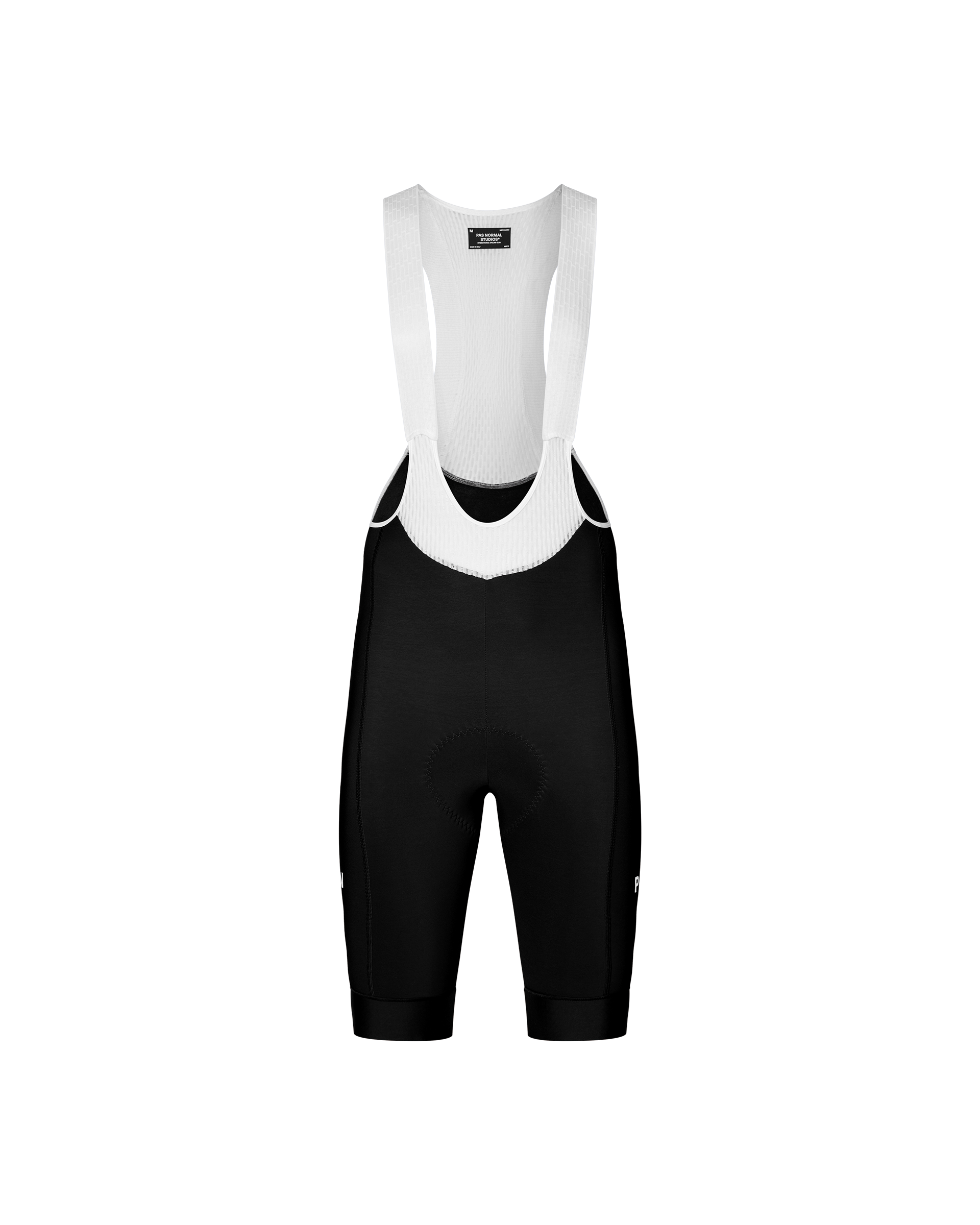 Black Mechanism Thermal cycling bibs, front flat lay with white mesh bib straps