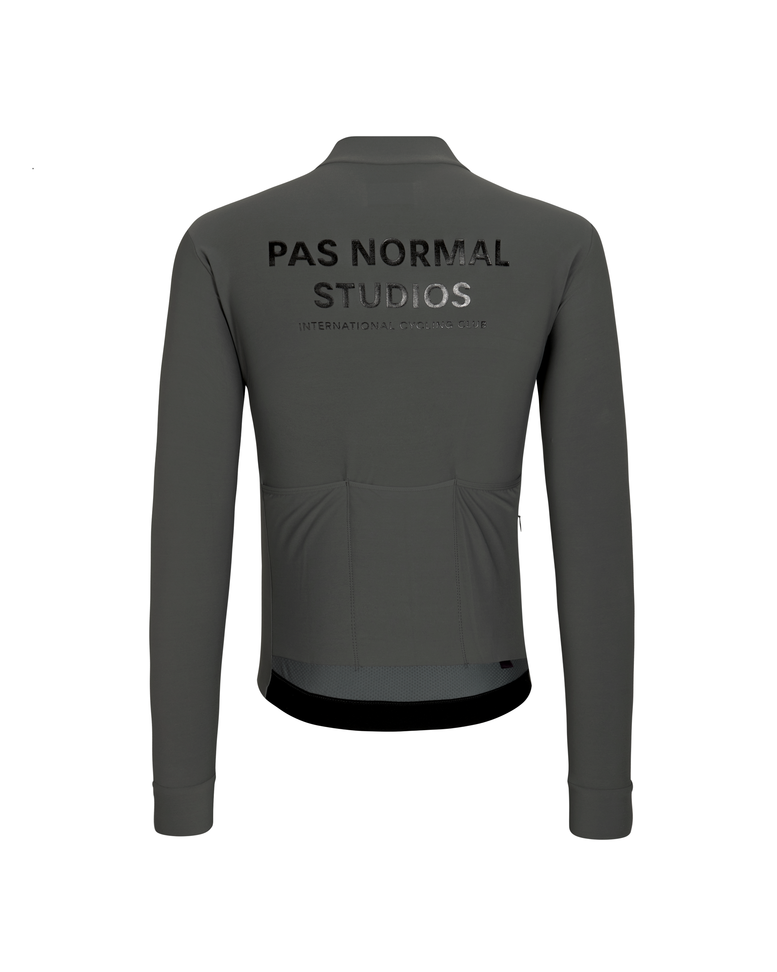 Dark Grey Mechanism long sleeve cycling jersey, rear view with black chest print and rear pockets