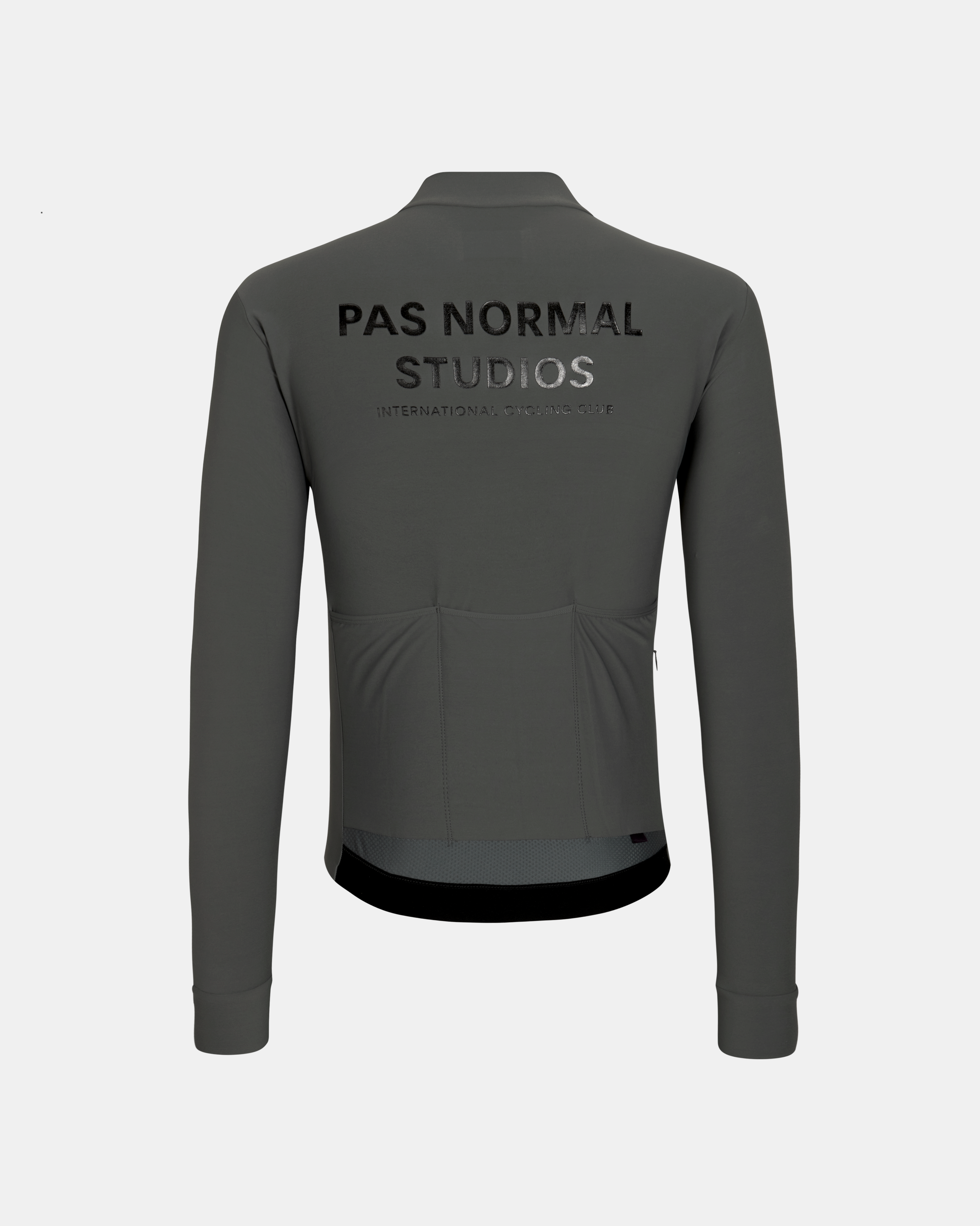 Dark Grey Mechanism long sleeve cycling jersey, rear view with black chest print and rear pockets