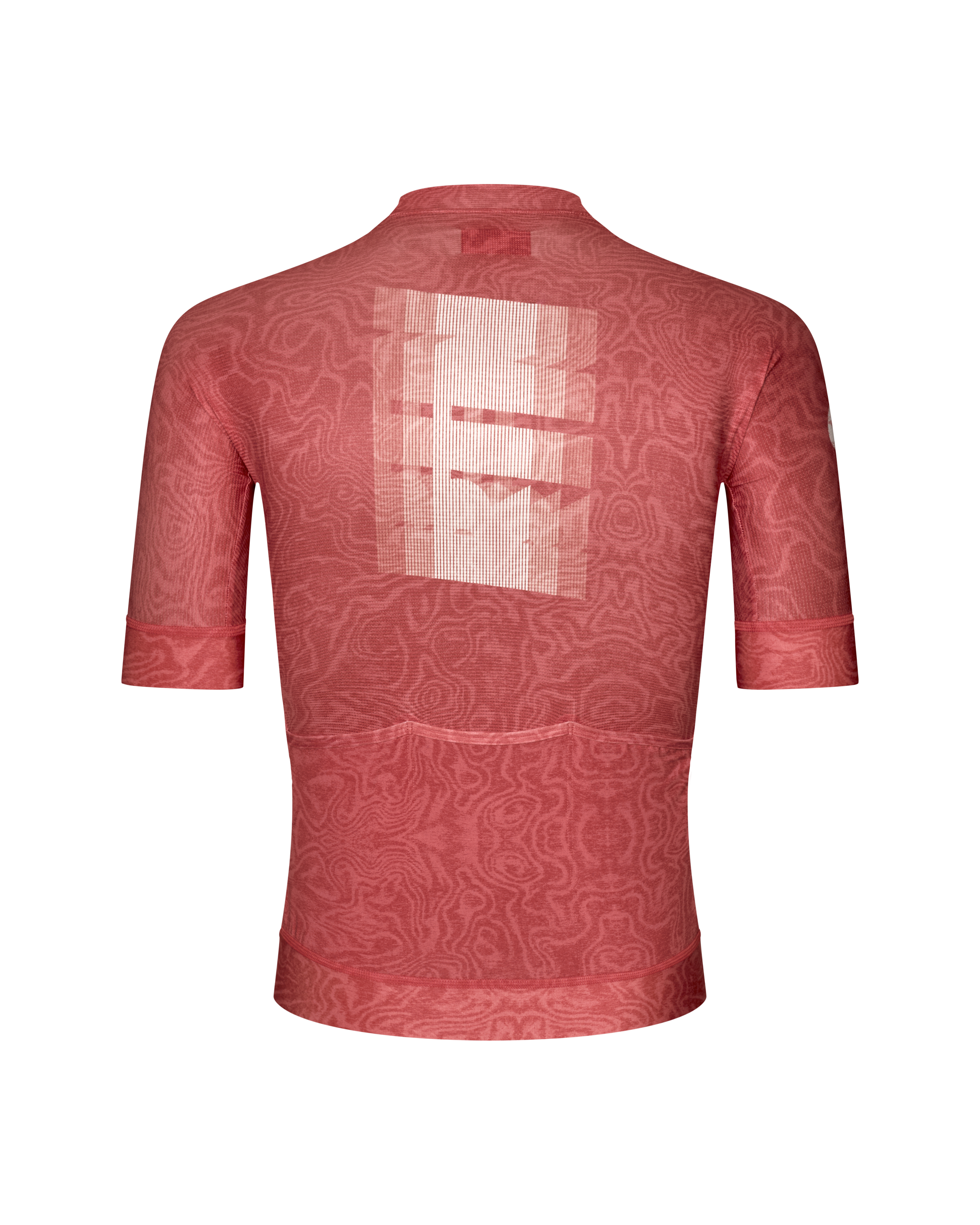 Red Mechanism Logo cycling jersey, rear flat lay with tonal all-over pattern and large back graphic print