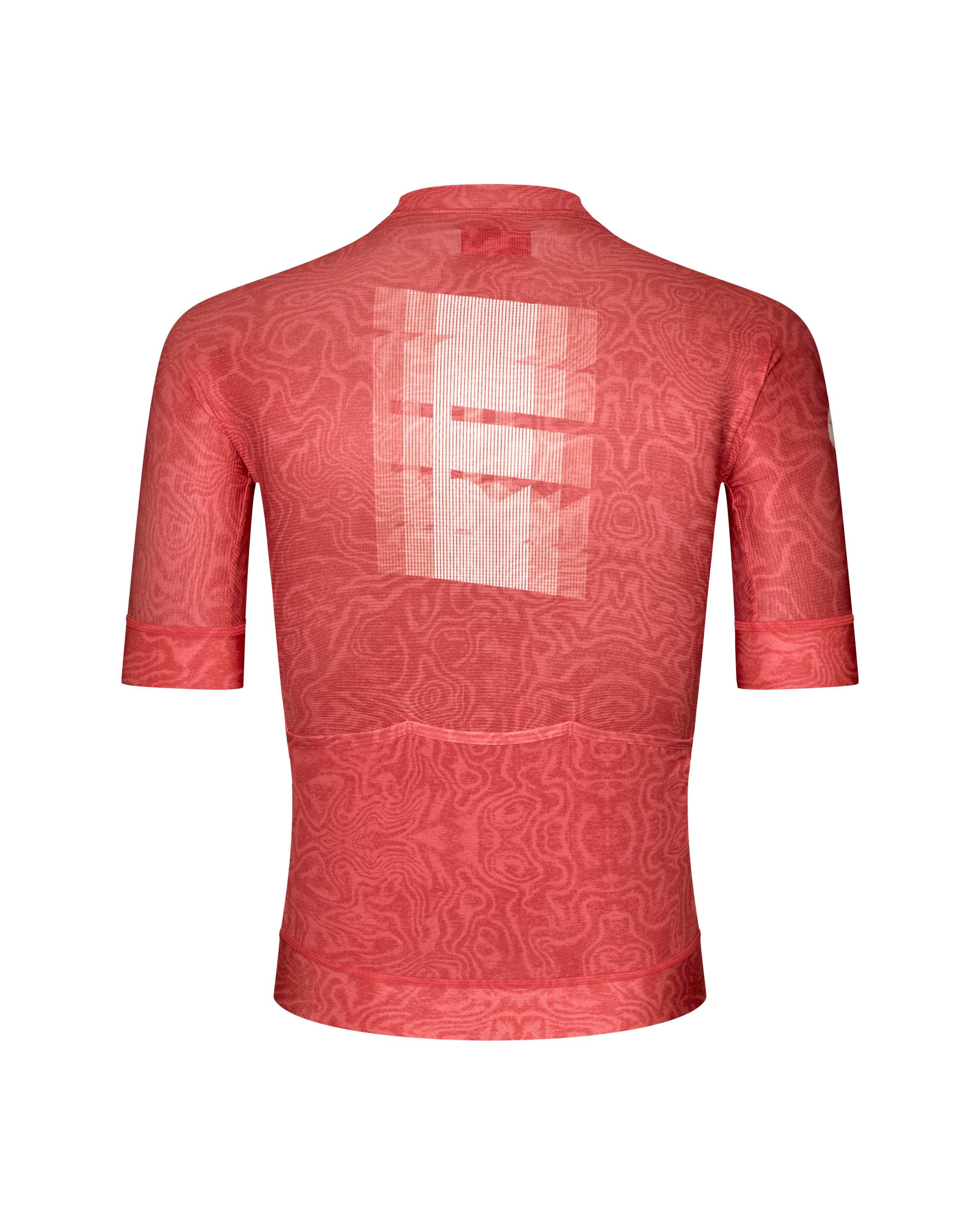 Red Mechanism Logo cycling jersey, rear flat lay with tonal all-over pattern and large back graphic print