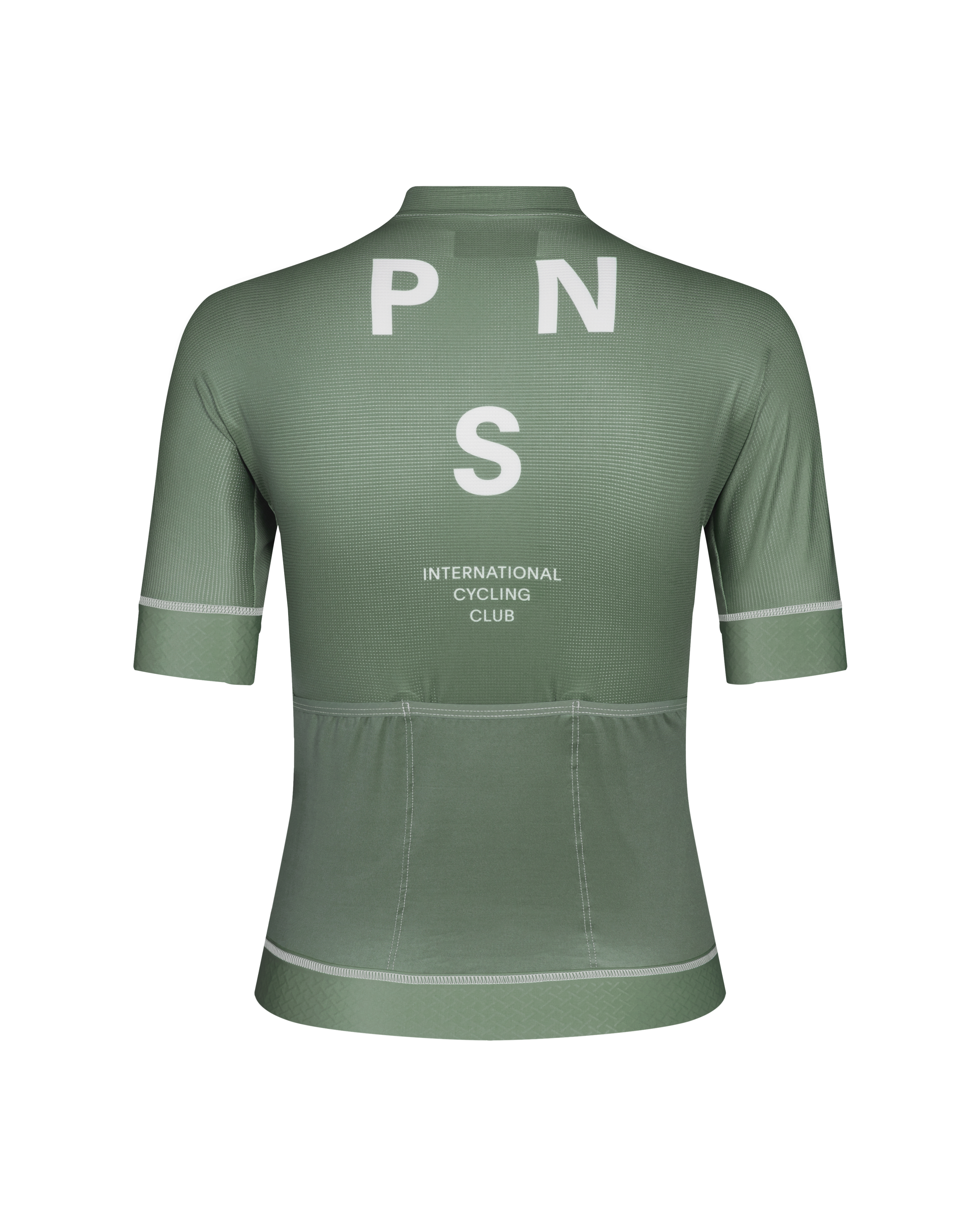 Khaki Green Mechanism cycling jersey, rear view with white PNS logo and contrast stitching