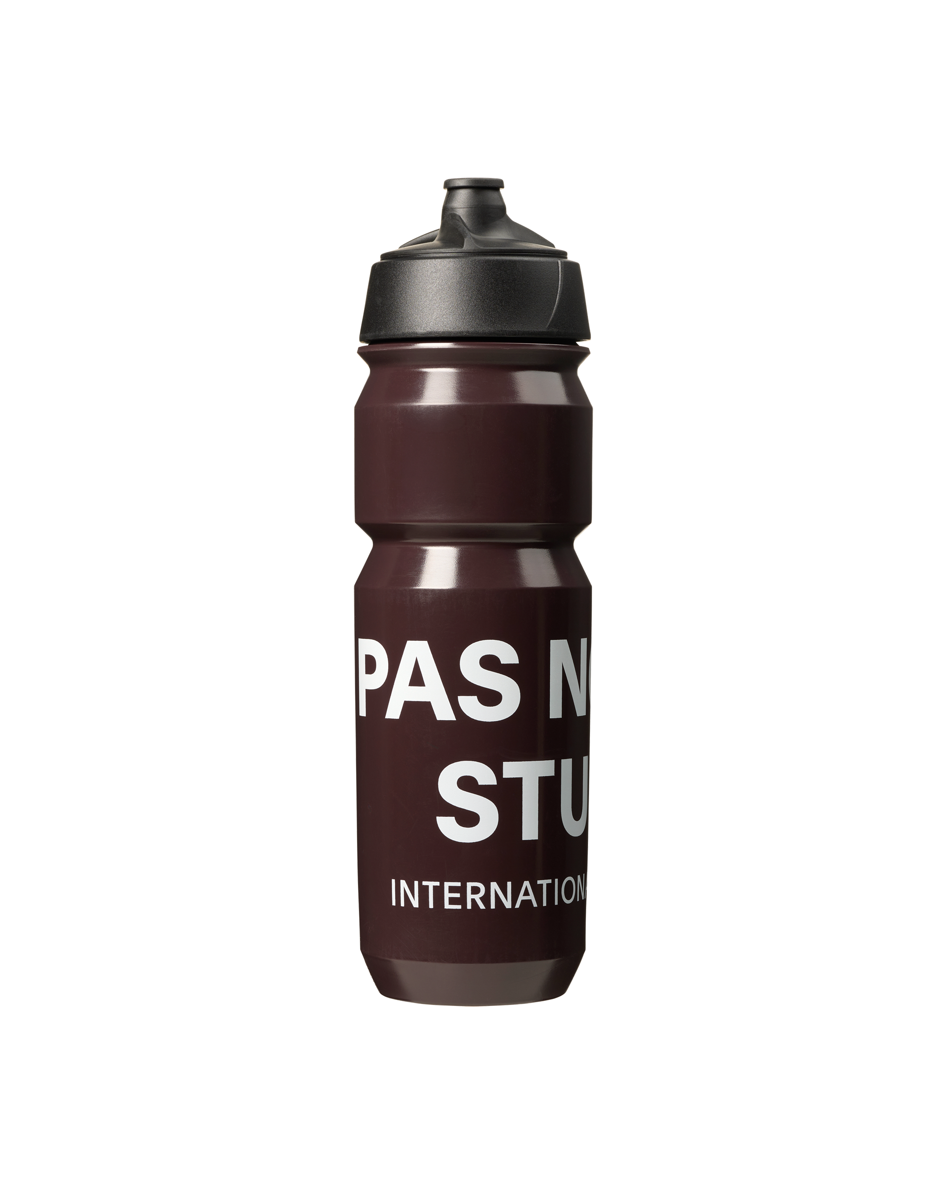 Dark Red Escapism cycling bottle with white logo and black cap