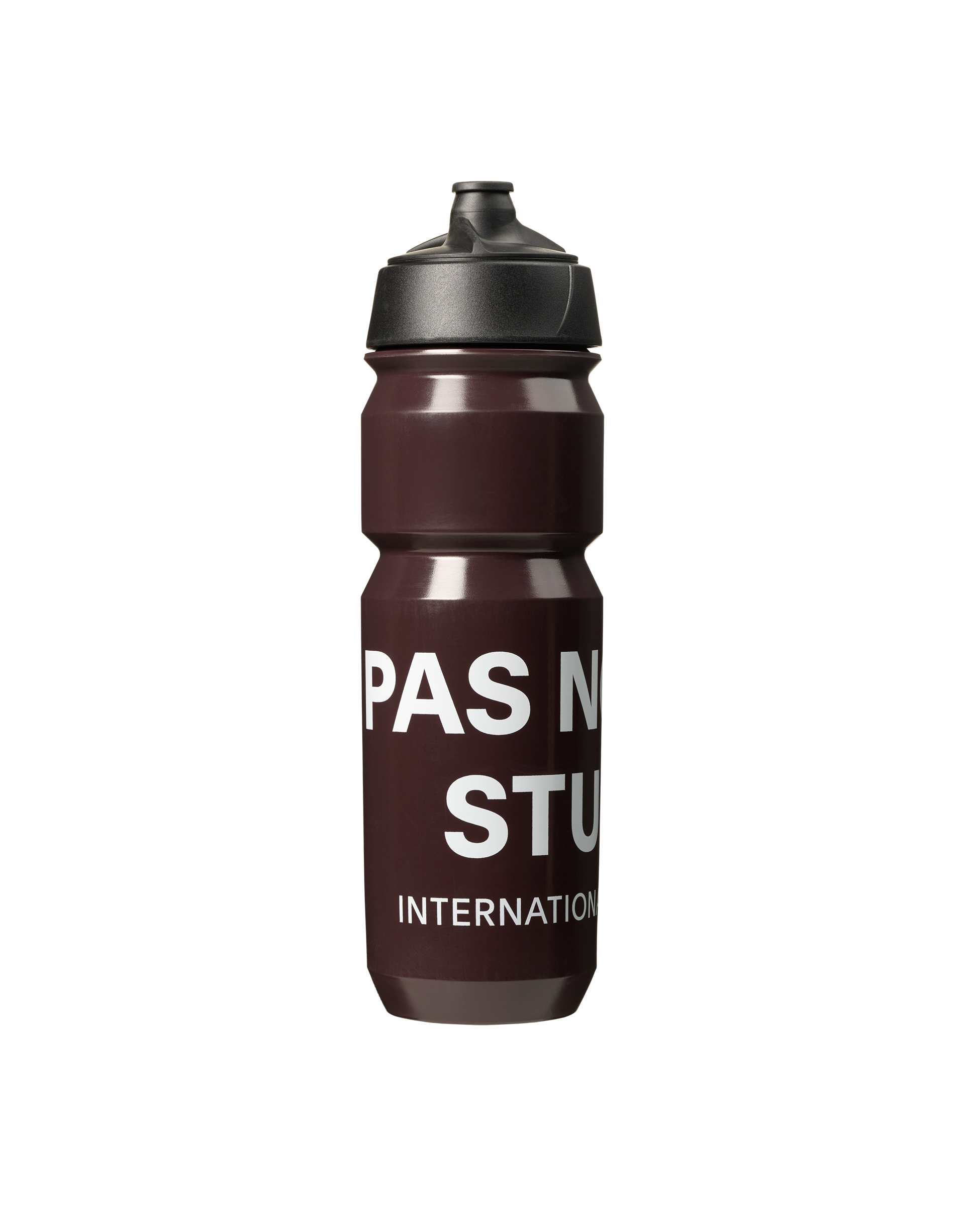 Dark Red Escapism cycling bottle with white logo and black cap