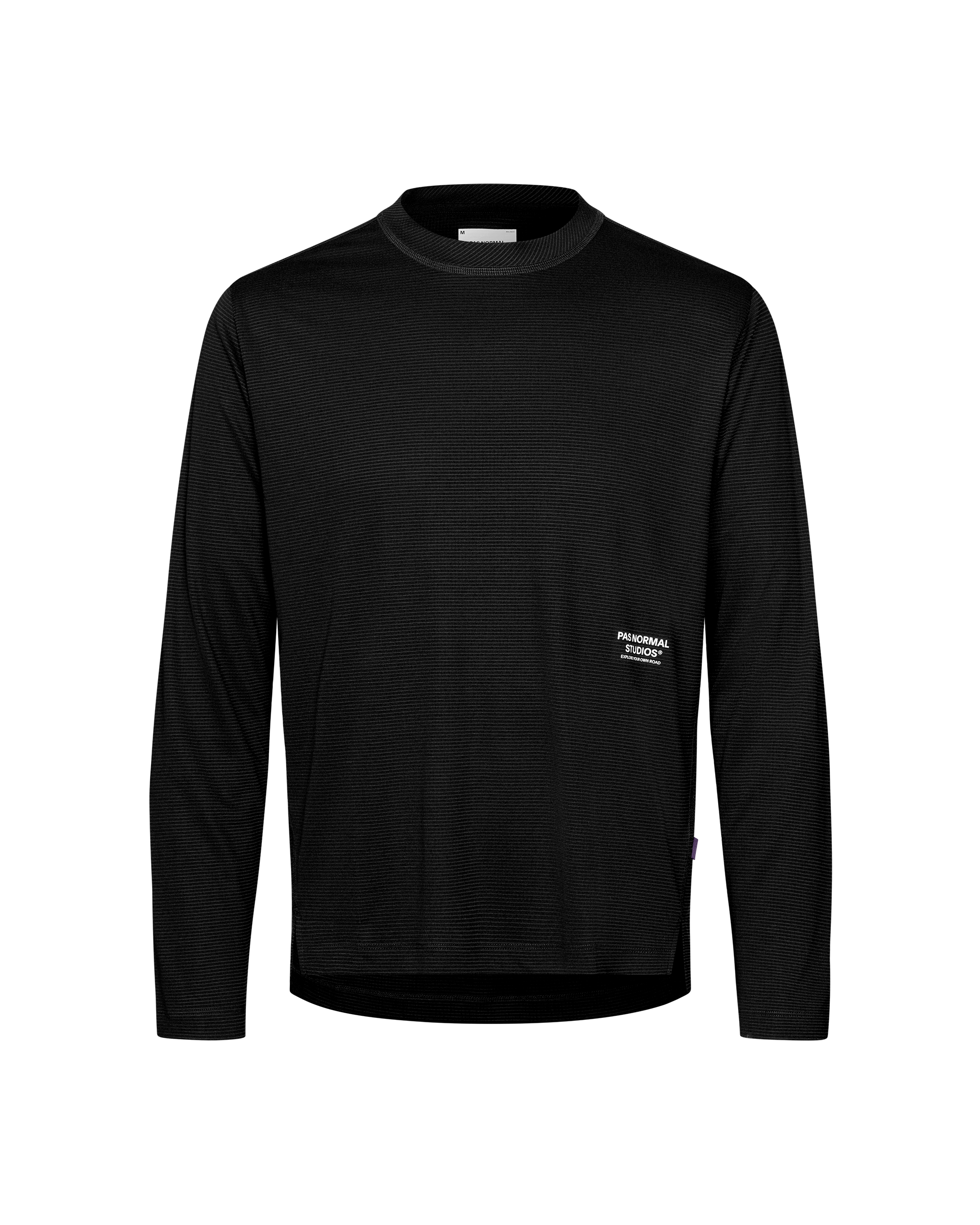 Black Balance long sleeve T-shirt, front flat lay with ribbed crew neck and logo patch at hem