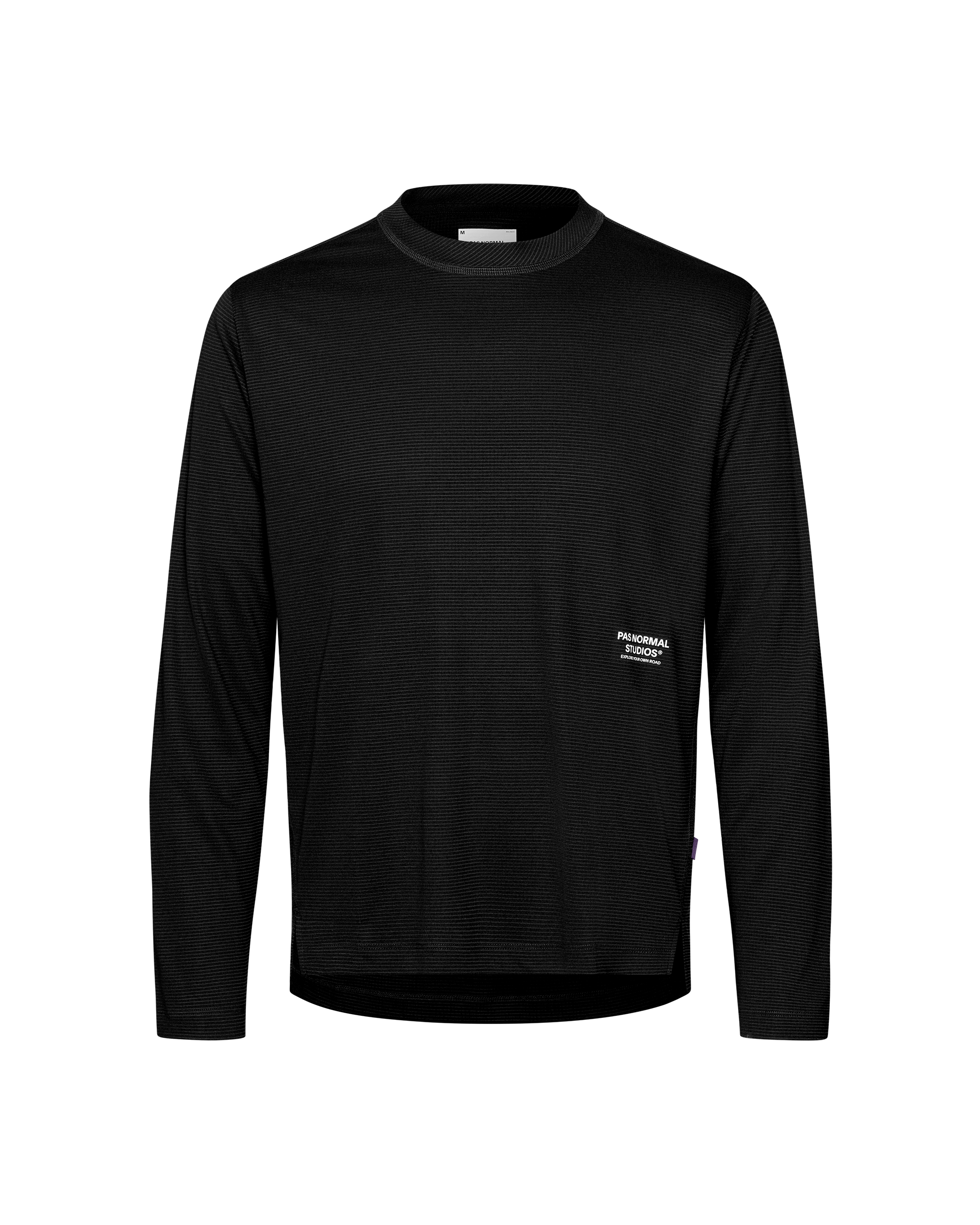 Black Balance long sleeve T-shirt, front flat lay with ribbed crew neck and logo patch at hem