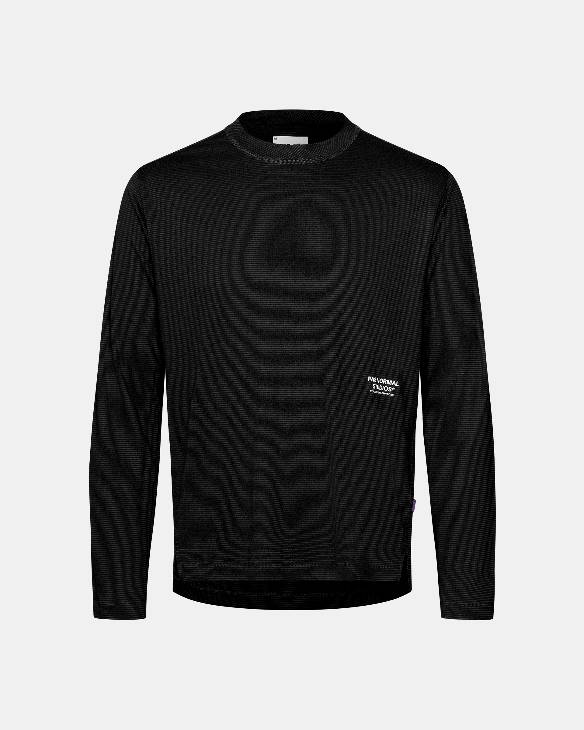 Black Balance long sleeve T-shirt, front flat lay with ribbed crew neck and logo patch at hem