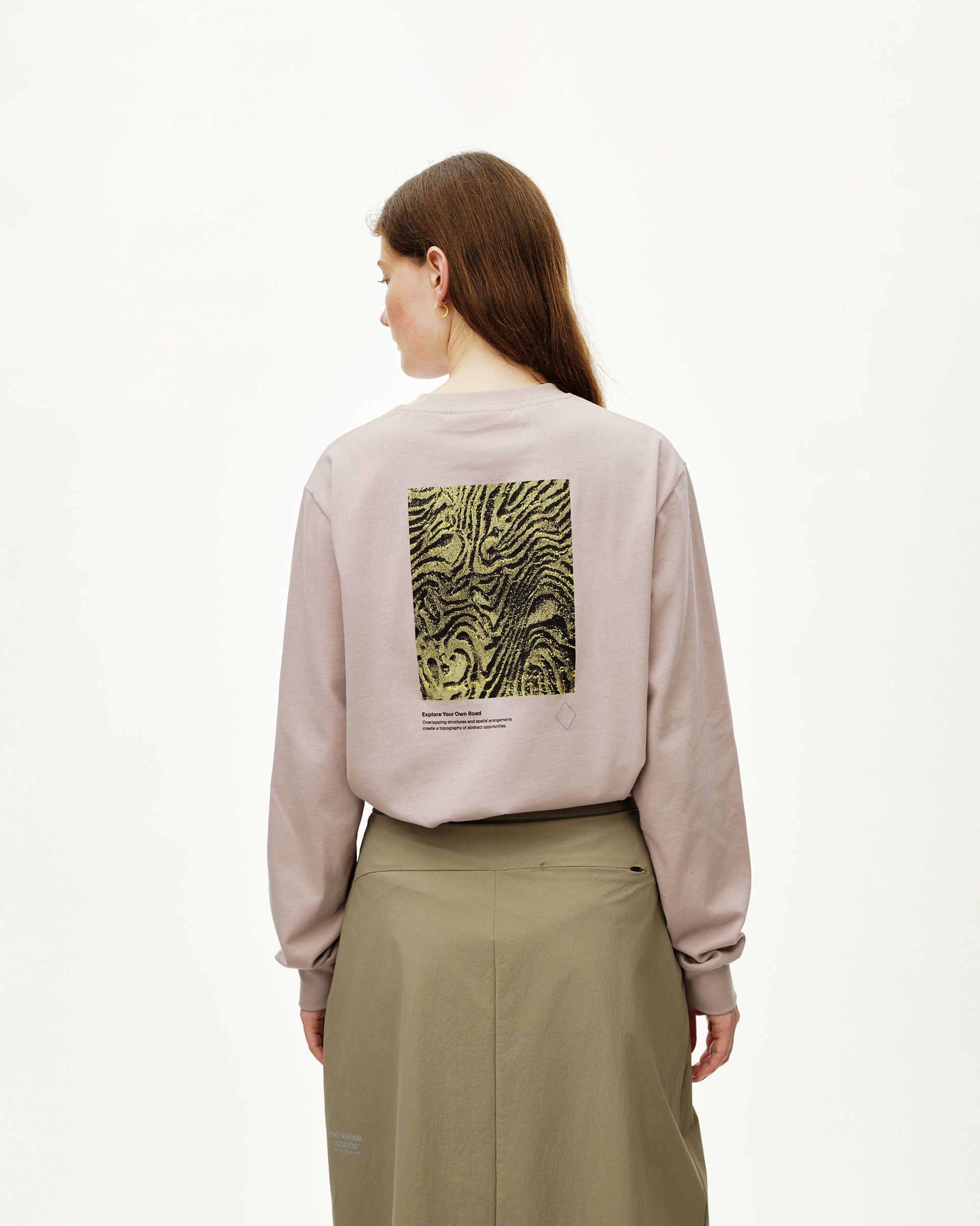 Haze purple Off-Race long sleeve graphic T-shirt on model, rear view with abstract topographic back print