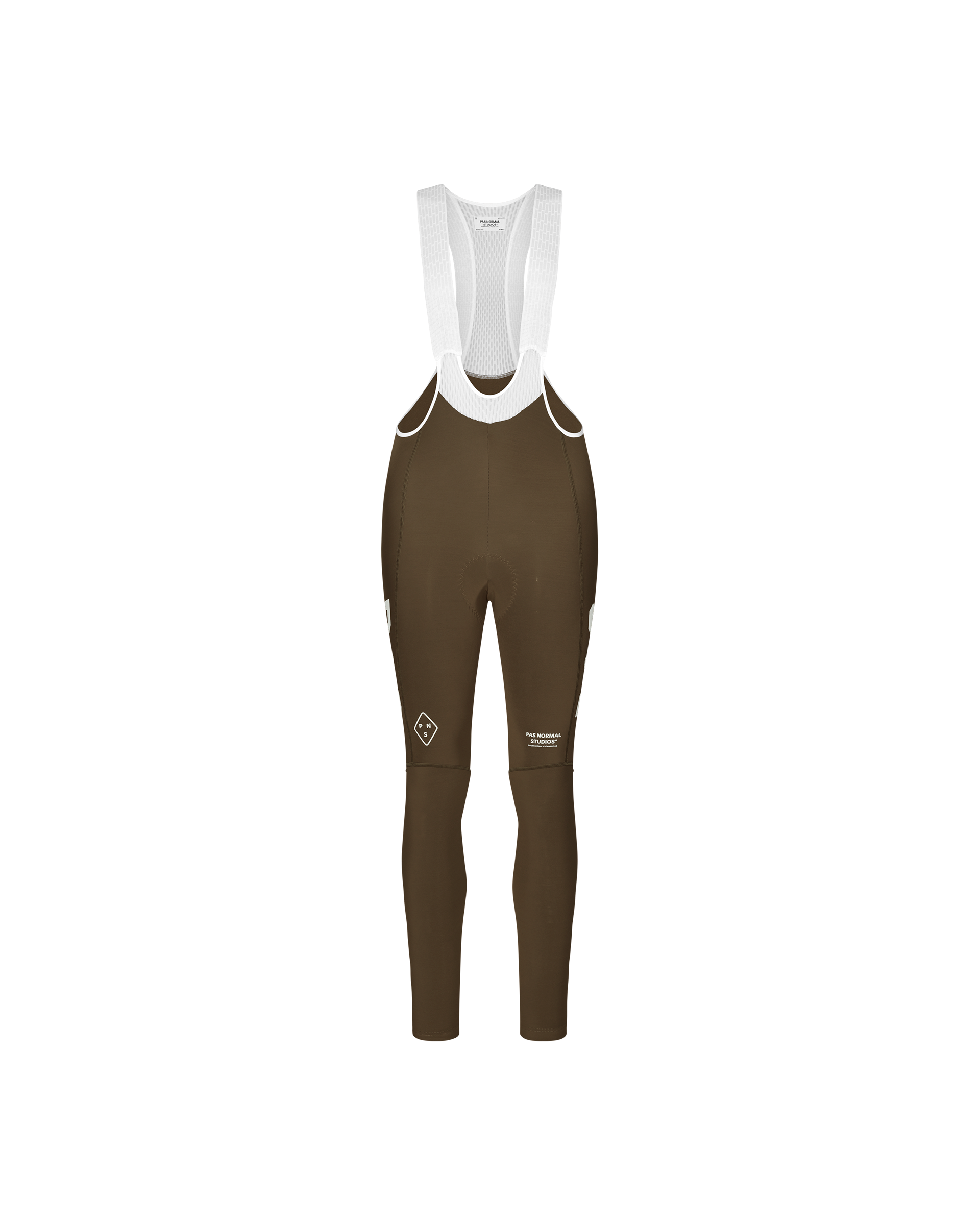 Dark Earth brown PAS Mechanism women's thermal cycling bib tights, front flat lay with white mesh straps