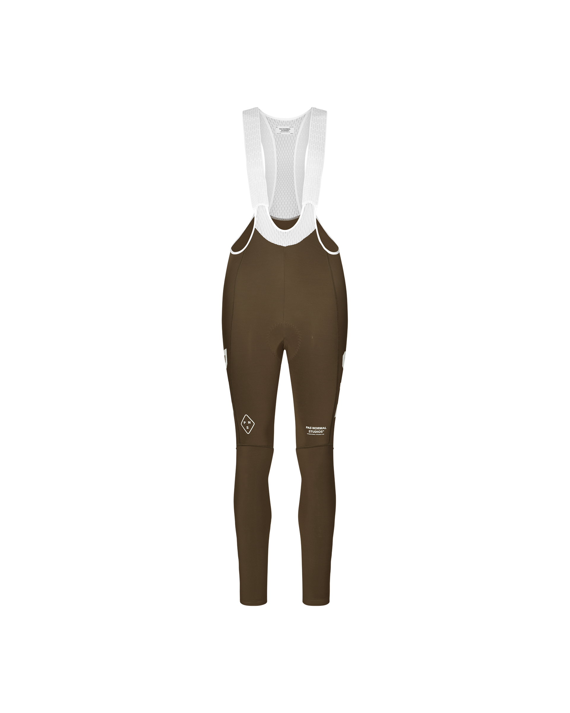 Dark Earth brown PAS Mechanism women's thermal cycling bib tights, front flat lay with white mesh straps