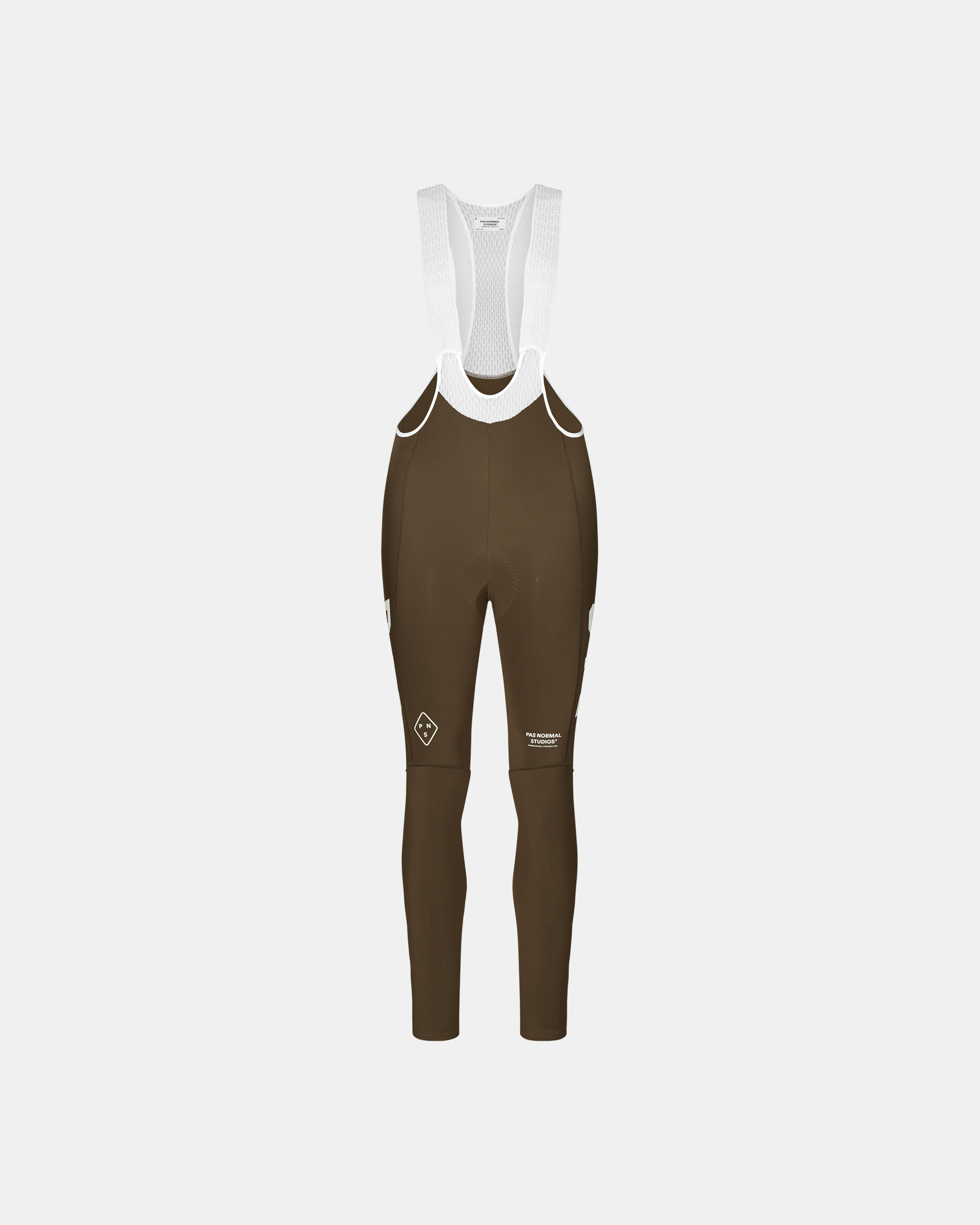 Dark Earth brown PAS Mechanism women's thermal cycling bib tights, front flat lay with white mesh straps