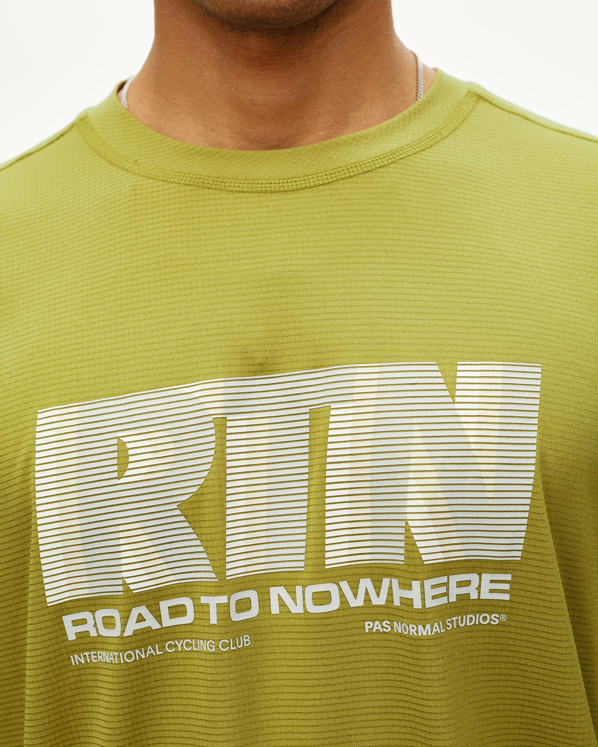 Dark Lime Balance long sleeve T-shirt, front detail on model with white RTN Road To Nowhere chest print