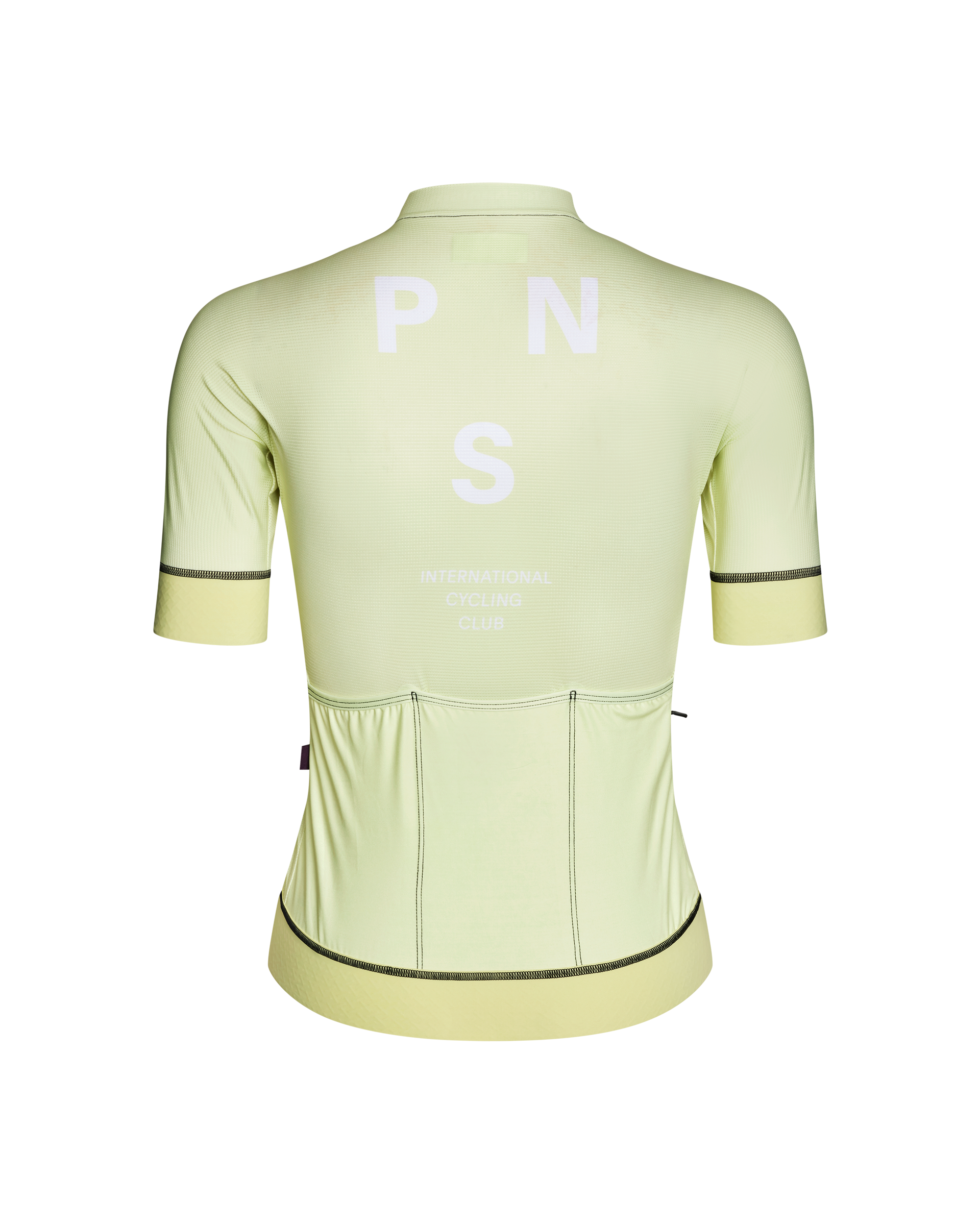 Green Mechanism cycling jersey, rear view with white PNS logo and contrast trim
