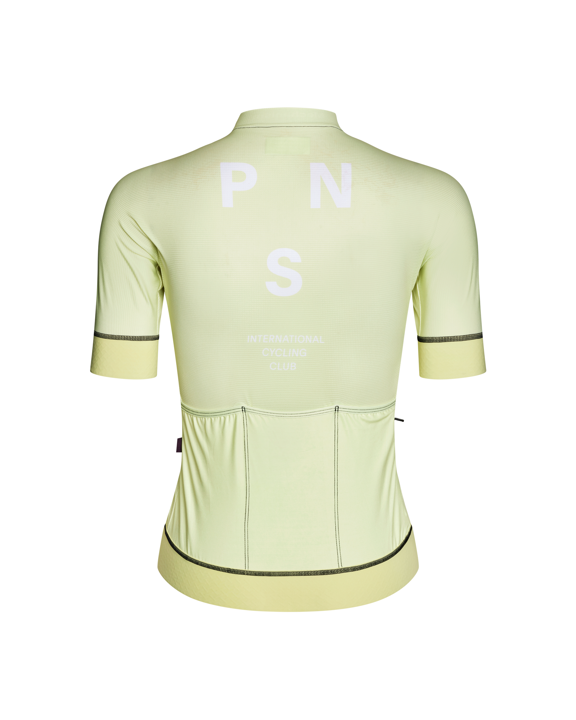 Green Mechanism cycling jersey, rear view with white PNS logo and contrast trim