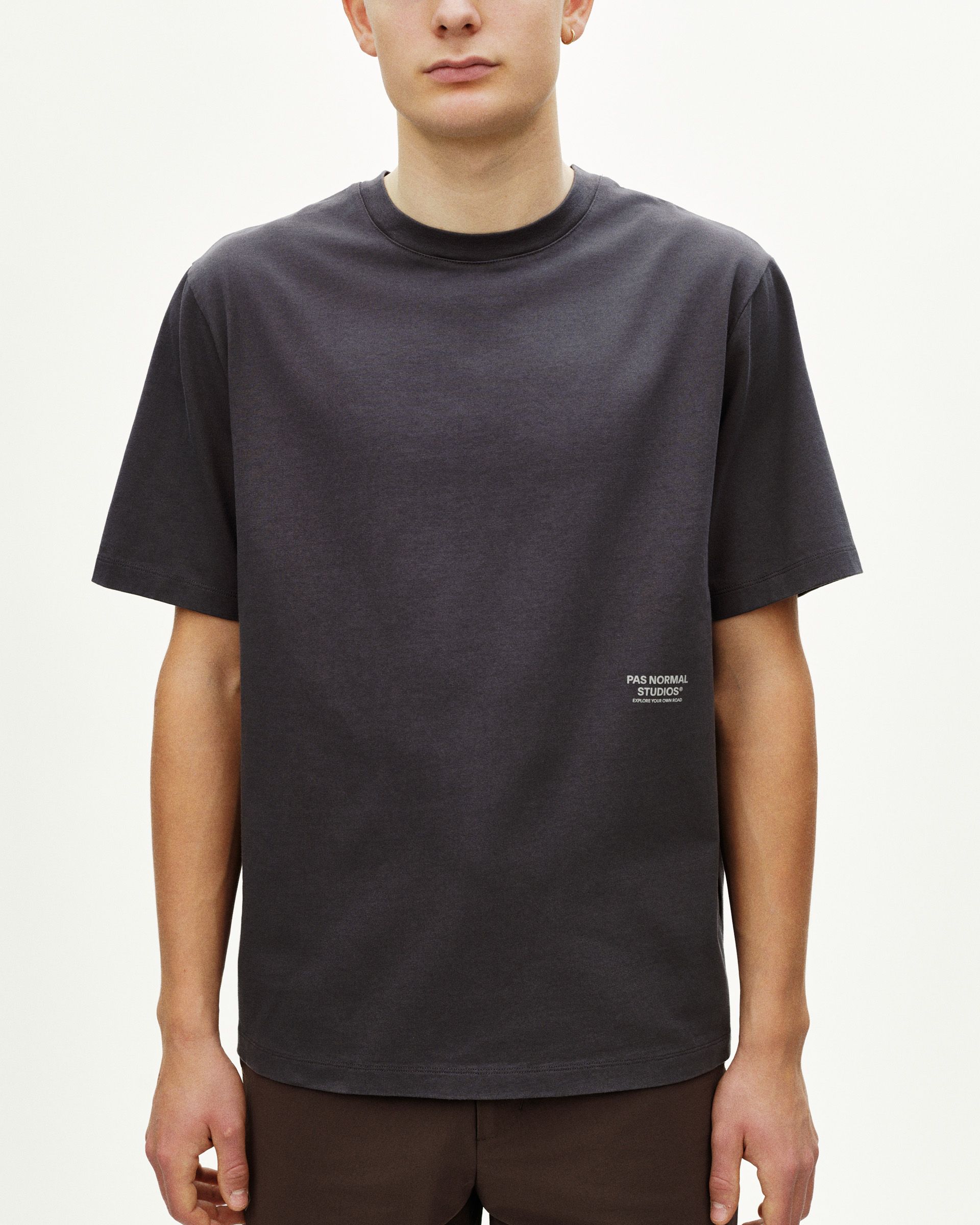 Grey Off-Race t-shirt on model, front view with white logo print