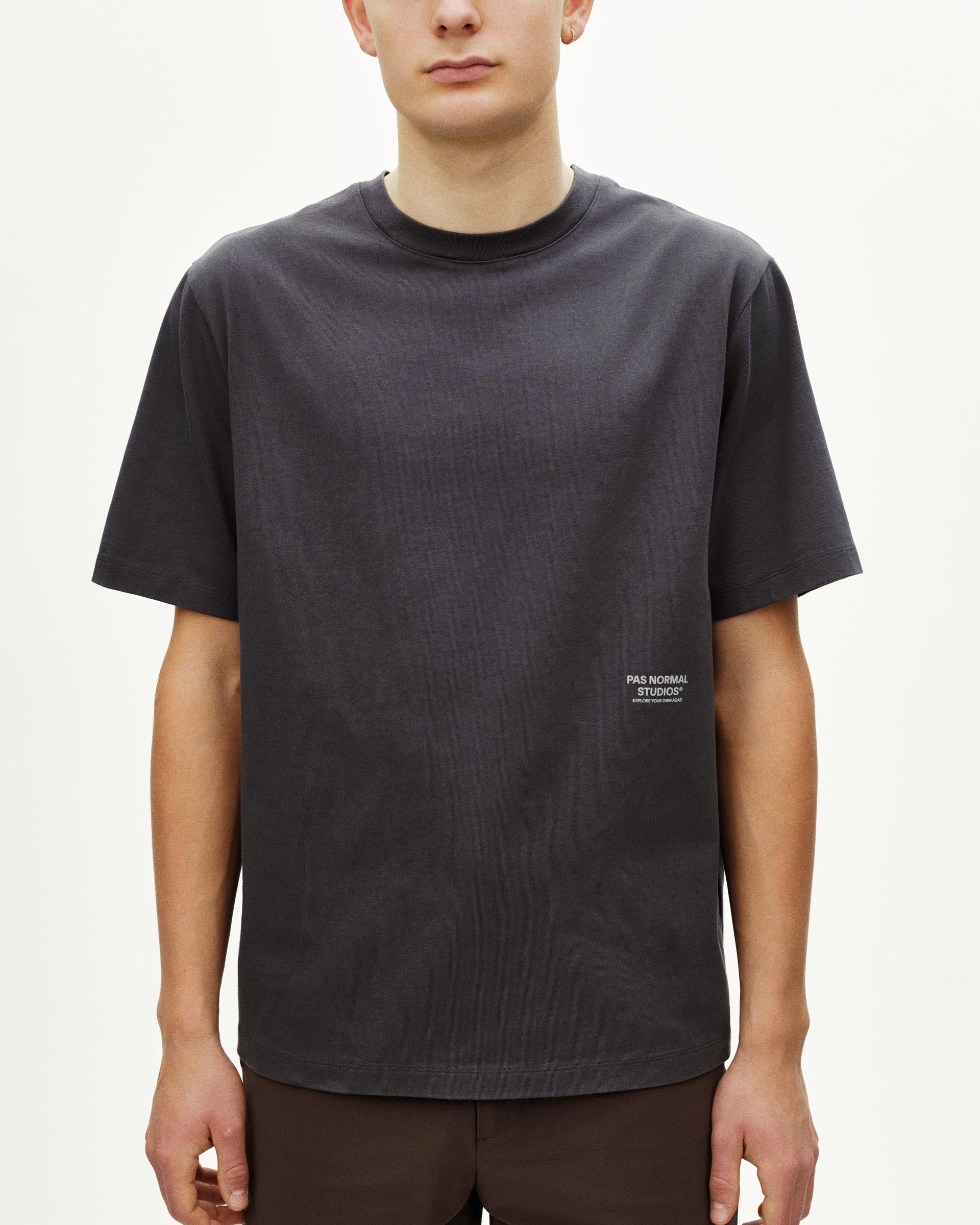Grey Off-Race t-shirt on model, front view with white logo print