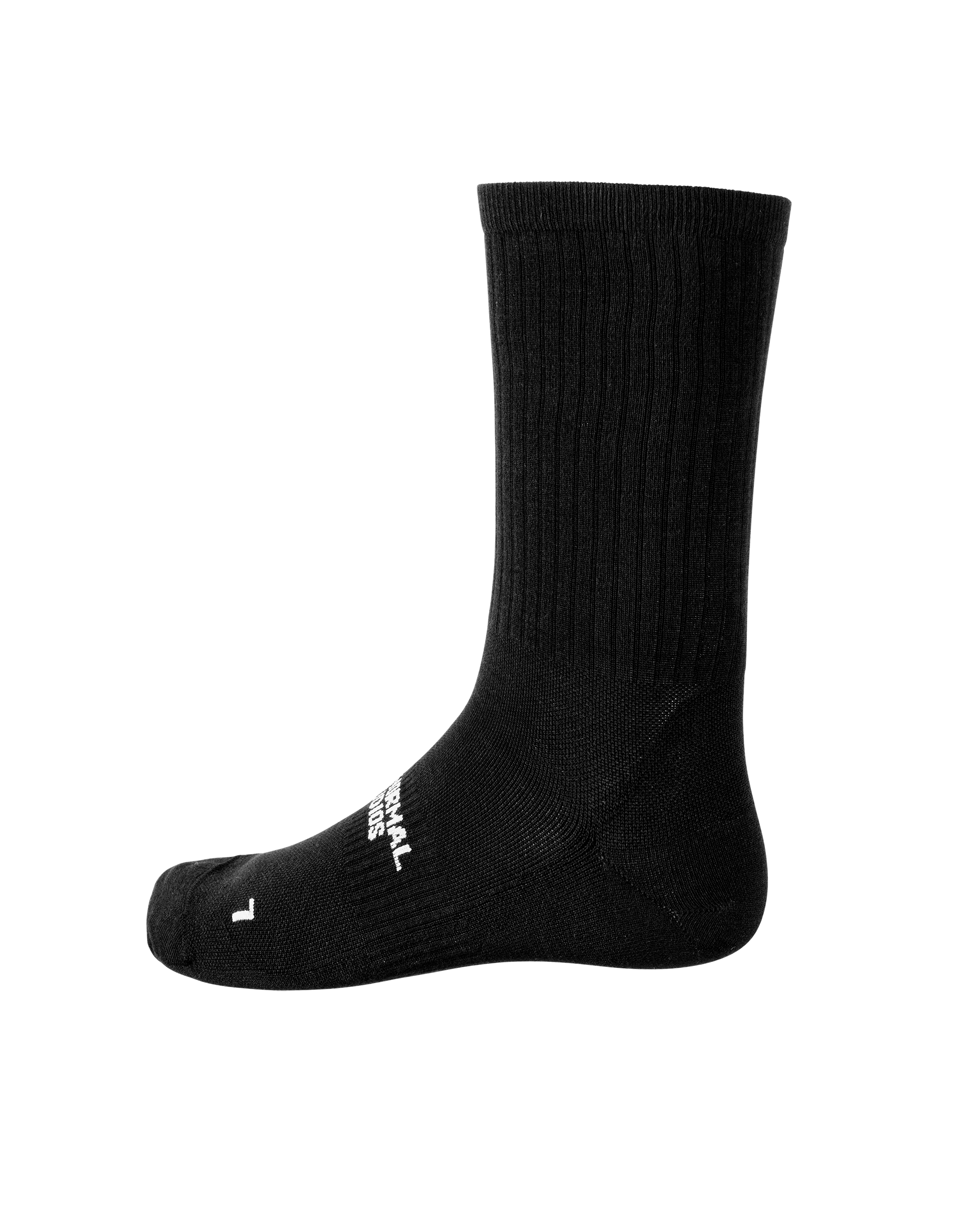 Black Off-Race cycling socks, side view with ribbed cuff and white logo on ankle