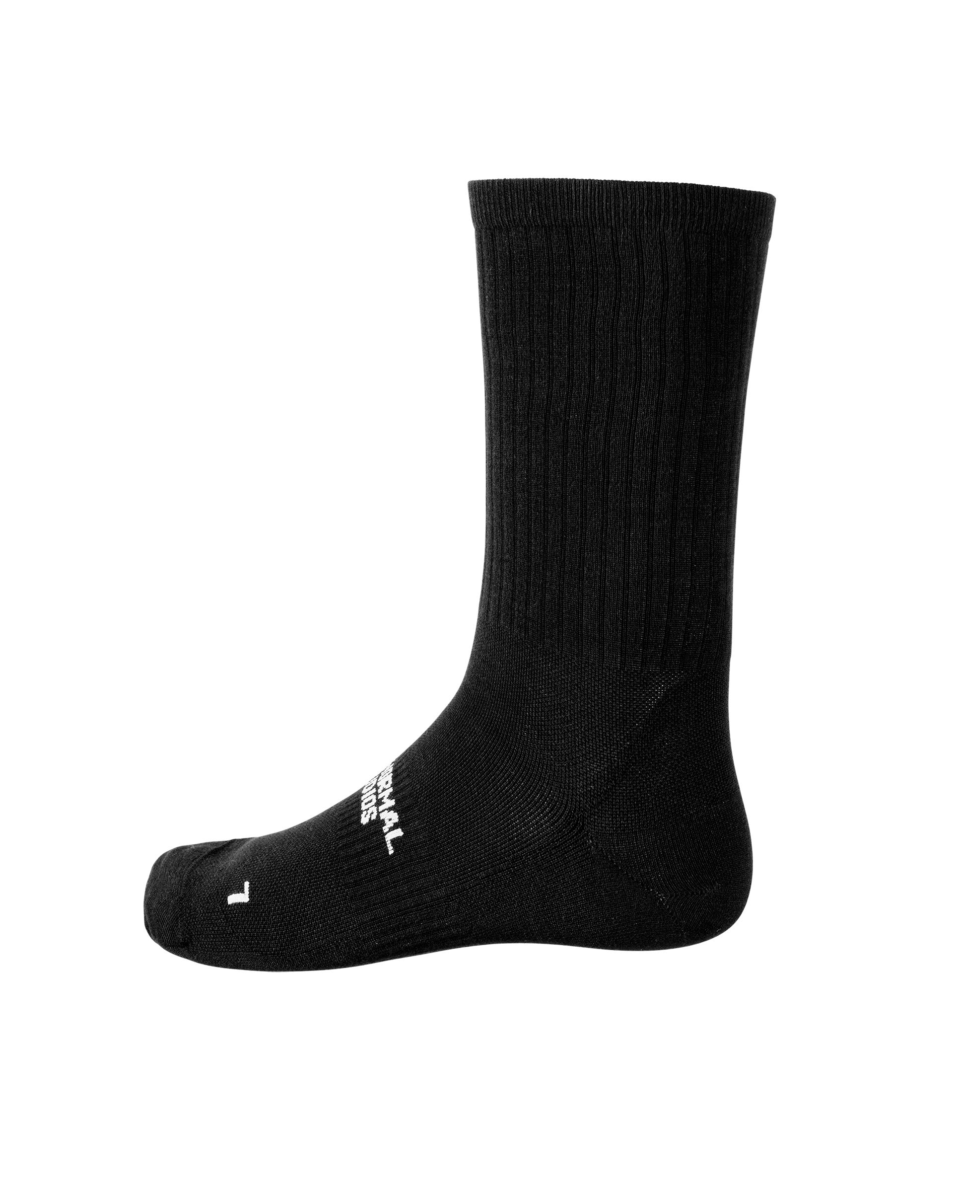 Black Off-Race cycling socks, side view with ribbed cuff and white logo on ankle