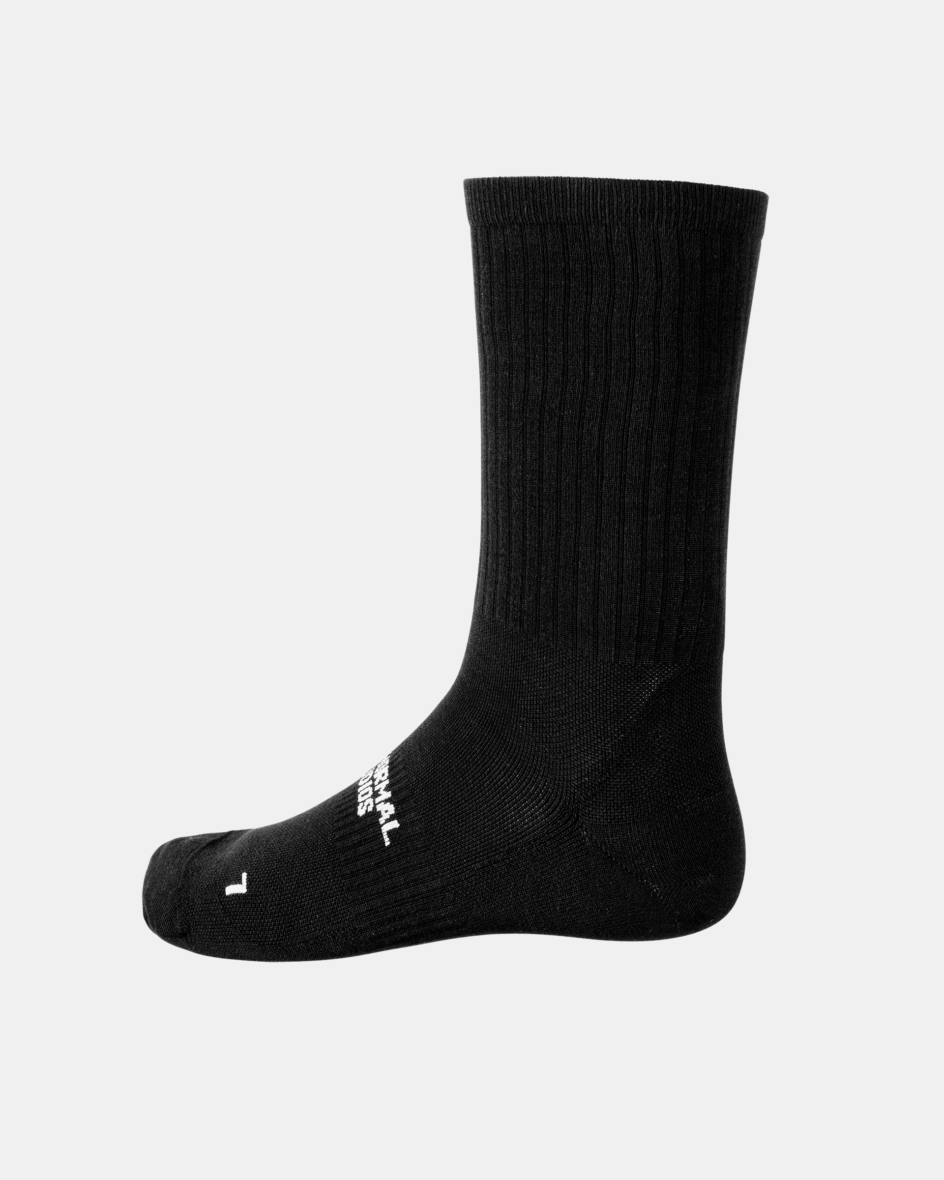 Black Off-Race cycling socks, side view with ribbed cuff and white logo on ankle