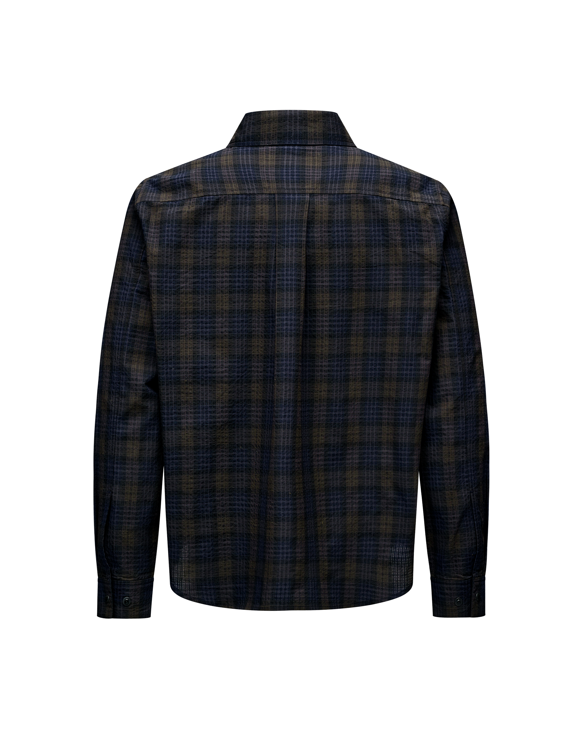 Dark Navy Off-Race Seersucker shirt, rear flat lay with plaid pattern and button cuffs