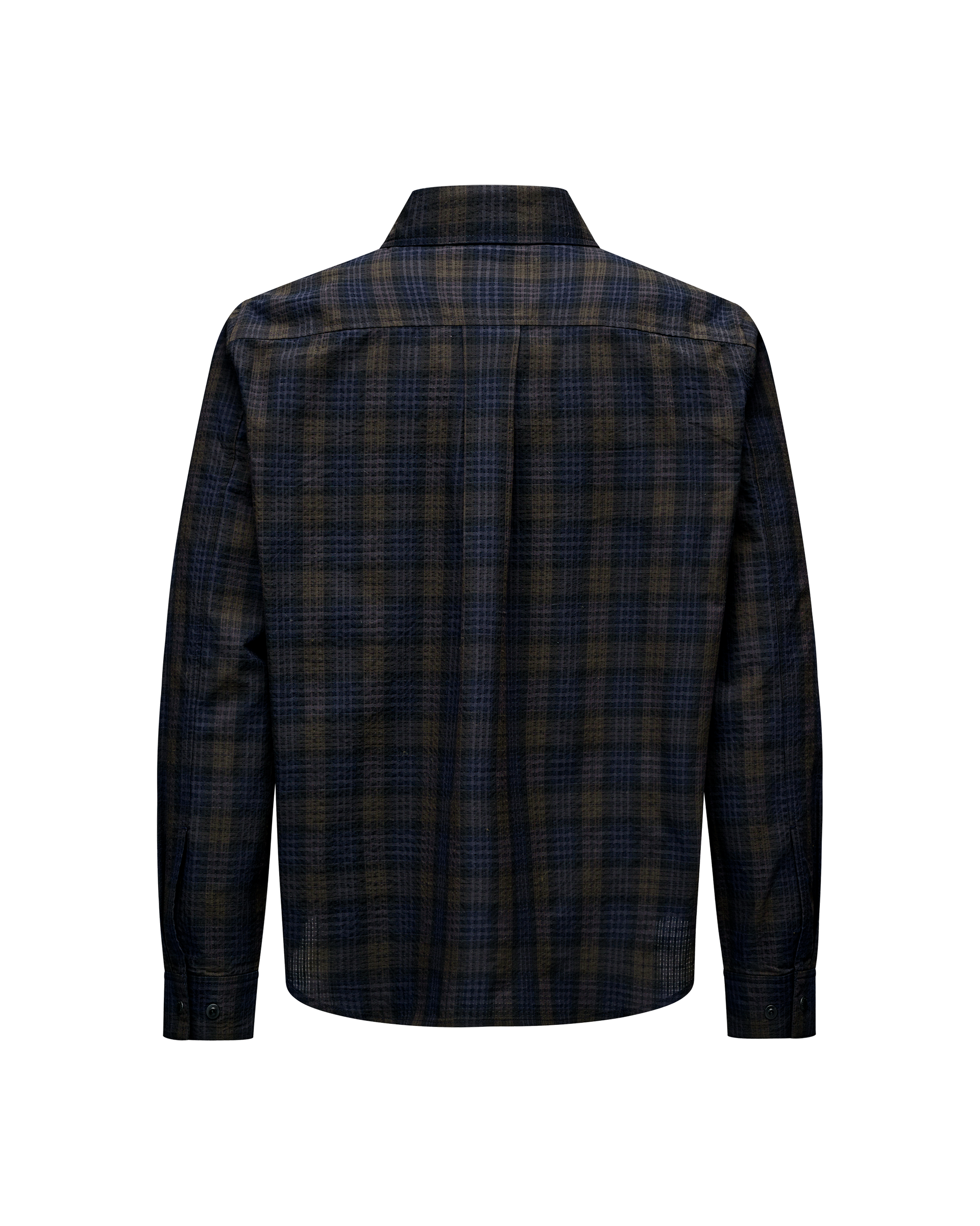 Dark Navy Off-Race Seersucker shirt, rear flat lay with plaid pattern and button cuffs